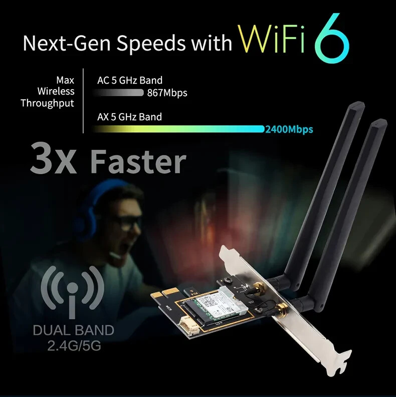 AX200 PC PCIe WiFi-6 Bluetooth Card for Windows 11 10 Wireless Network 2900Mbps