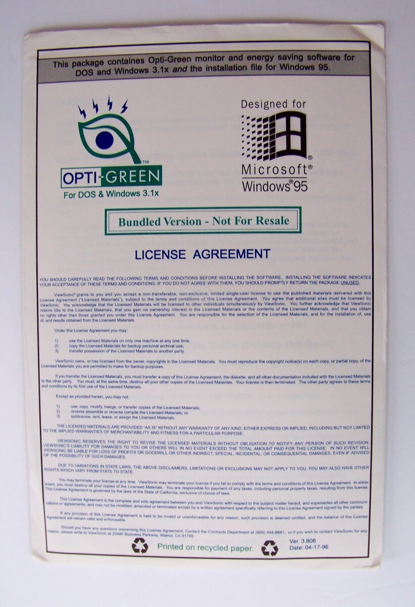 Microsoft Windows 95 for Installation with Opti-Green monitor - Version 3.808
