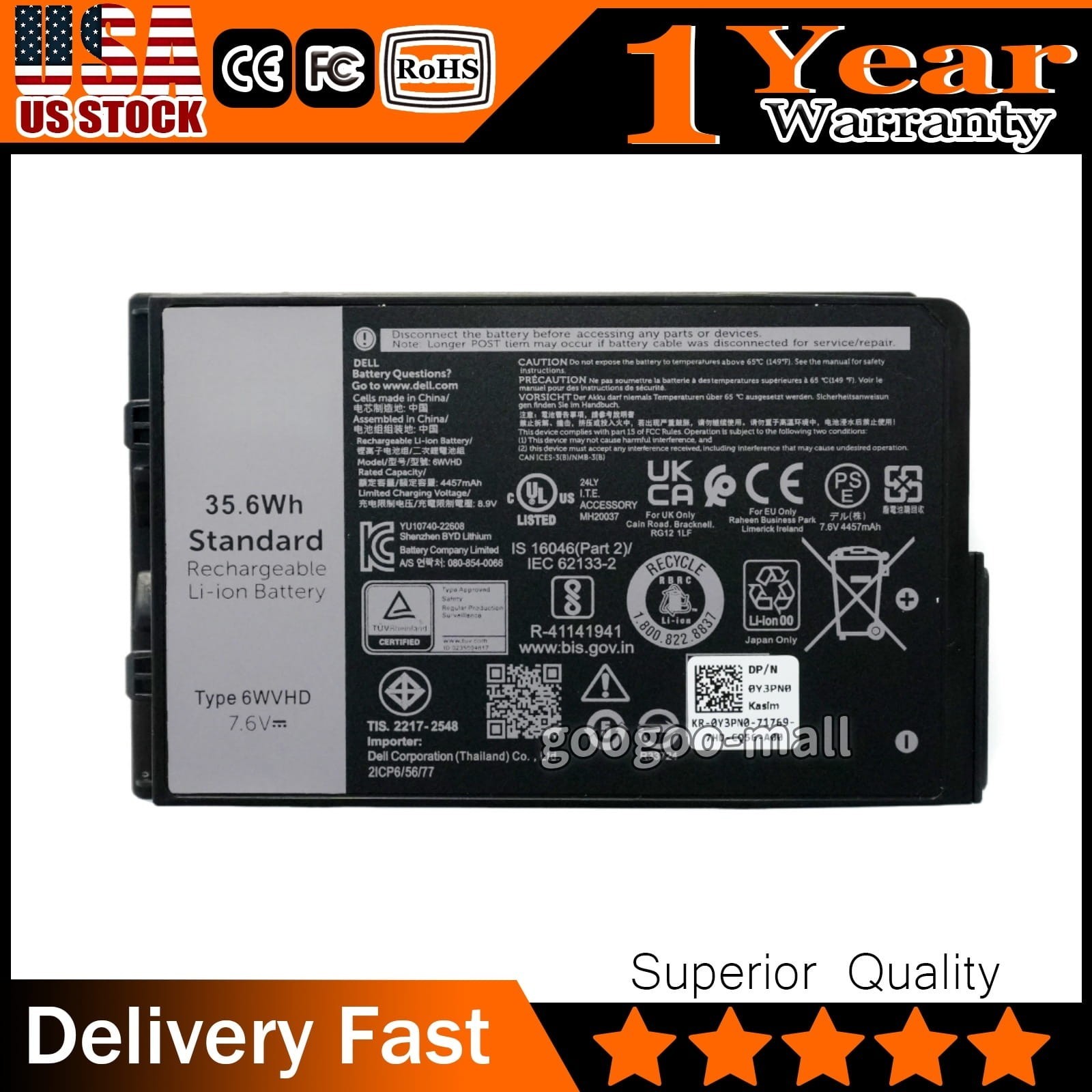 New Genuine 6WVHD Battery for Dell Latitude 7230 Rugged Extreme T06H FNW8F JM6CX