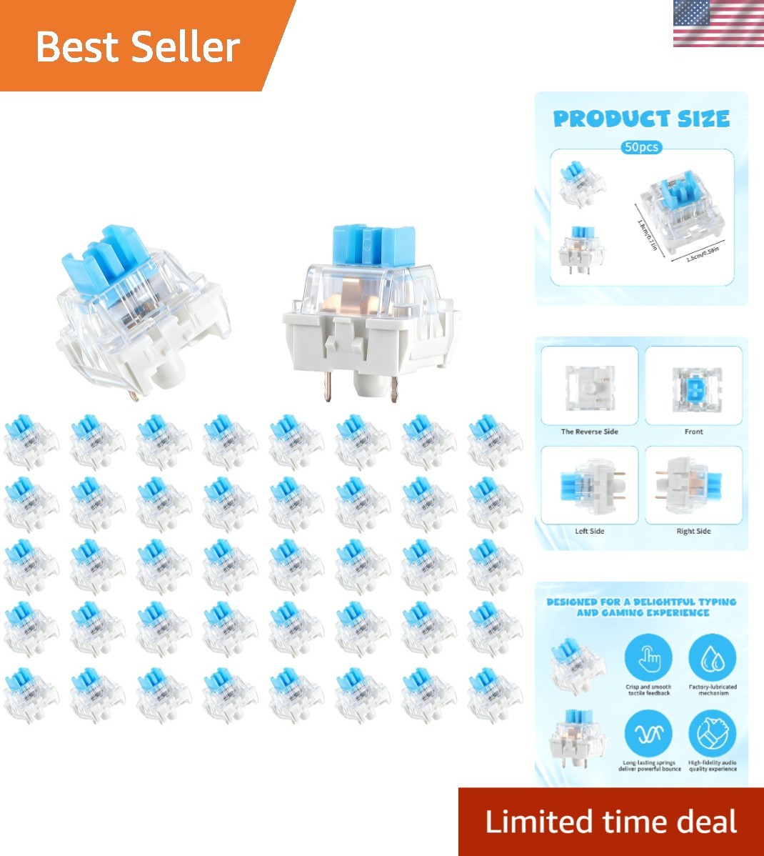 High-Quality 3-Pin Blue Keyboard Clicker Switches - 50 Pcs for Custom Builds