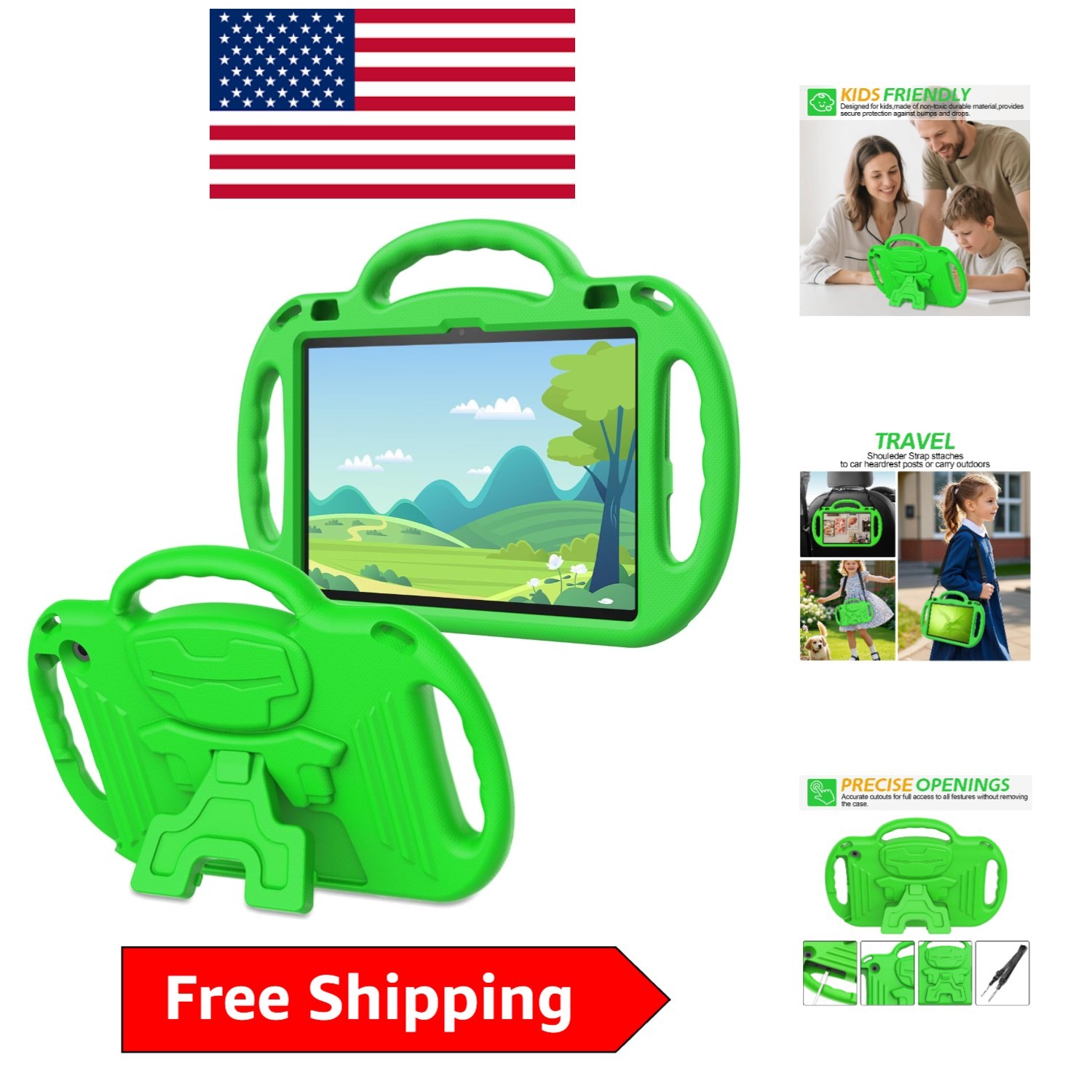 Vibrant Spring Green 10-Inch Tablet Case with Portable Shoulder Strap for Kids