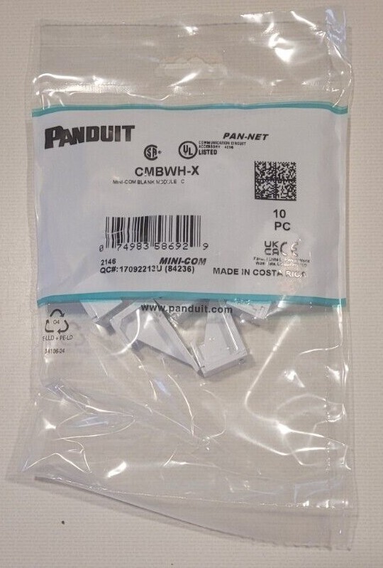 Bag of 10 Panduit MINI-COM Blank 1-Port Insert Module White MPN CMBWH-X