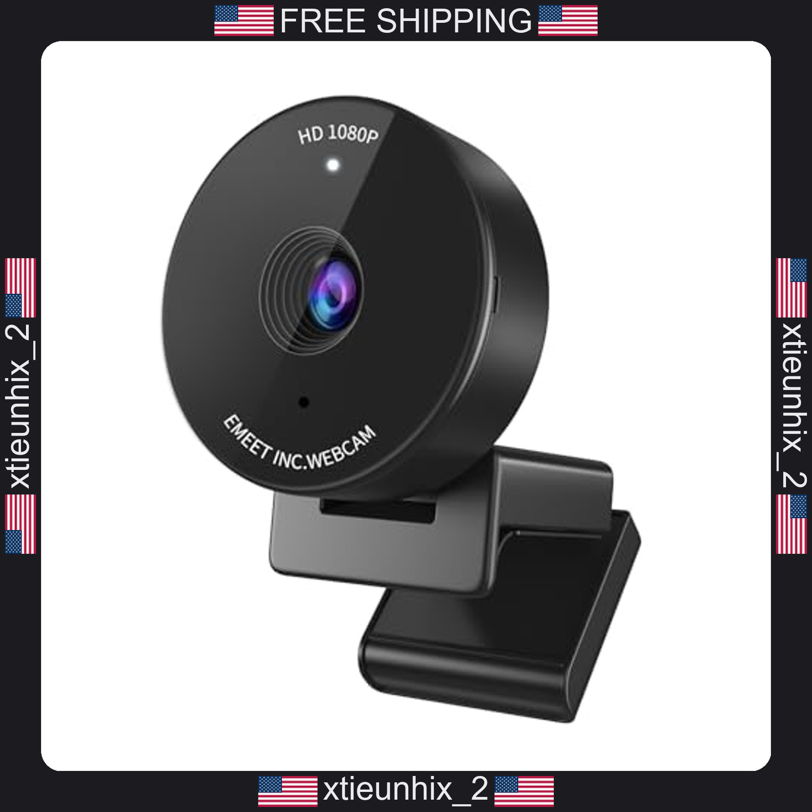 Webcam with Privacy Cover, 1080P, 70° Wide Angle, Omnidirectional Mic