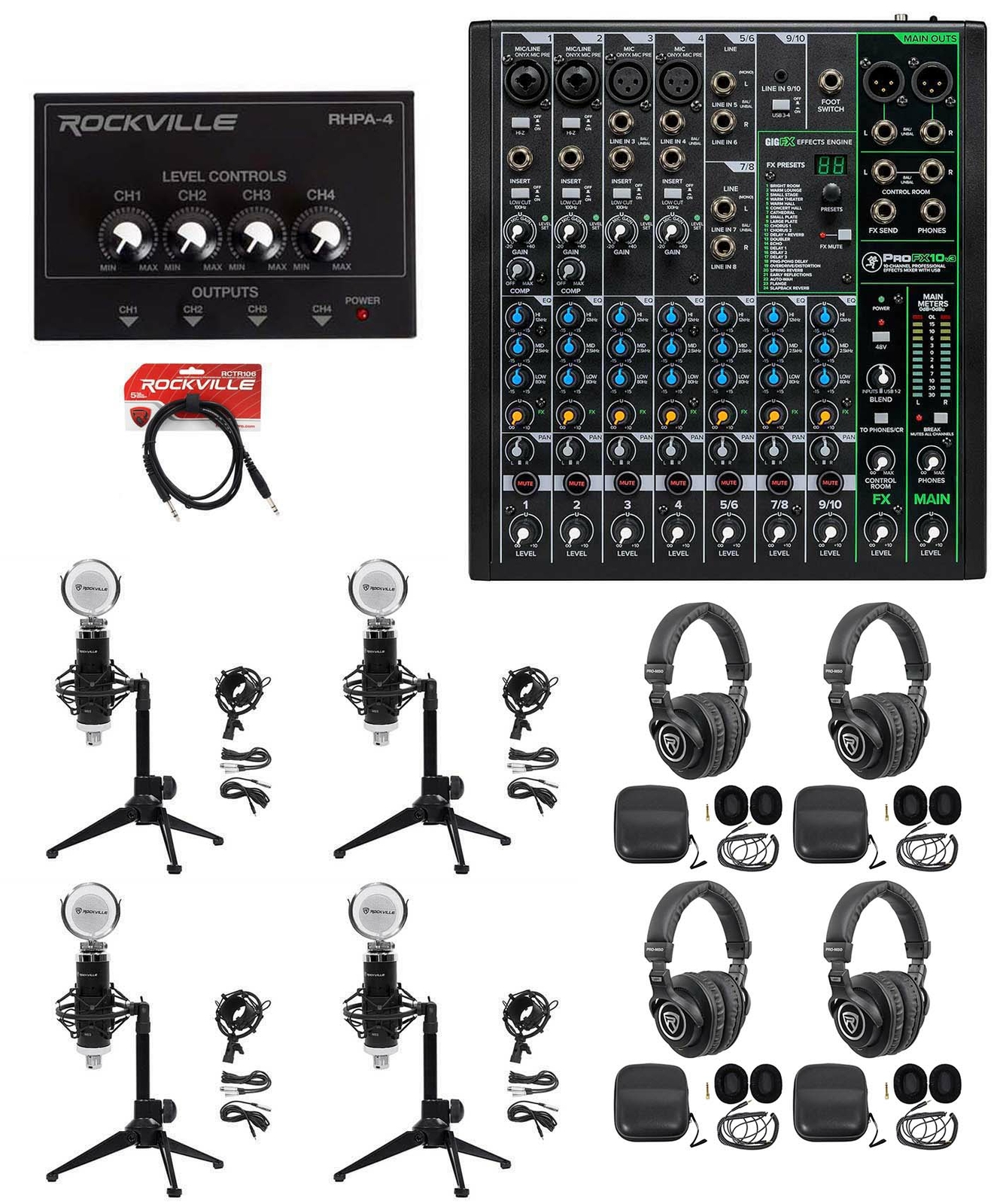 4-Person Podcast Podcasting Recording Kit w/Mackie ProFX10 v3 Mixer+Desk Stands