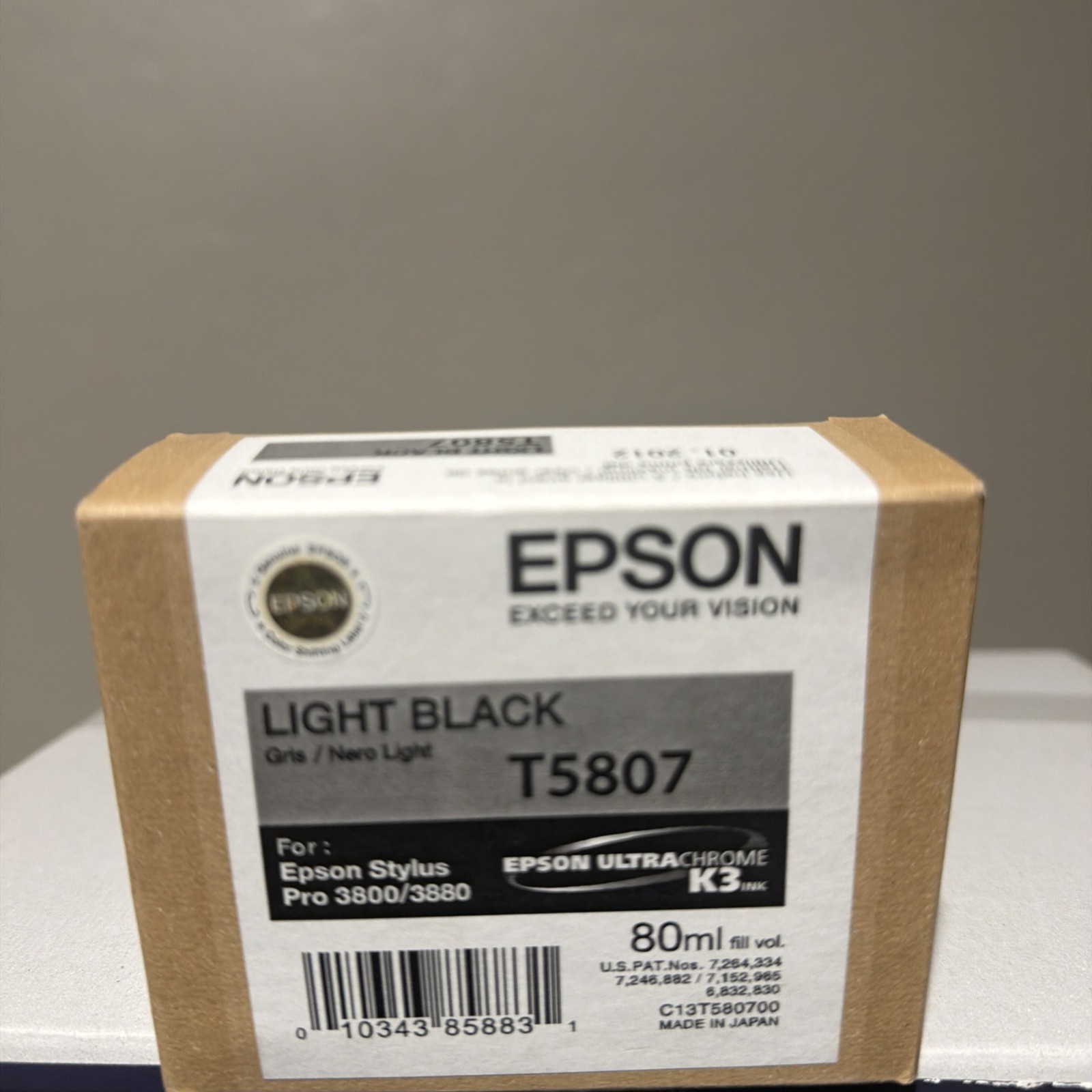 2012 GENUINE EPSON T5807 LIGHT BLACK INK STYLUS PRO 3800 3880 80ml FACTORY SEAL
