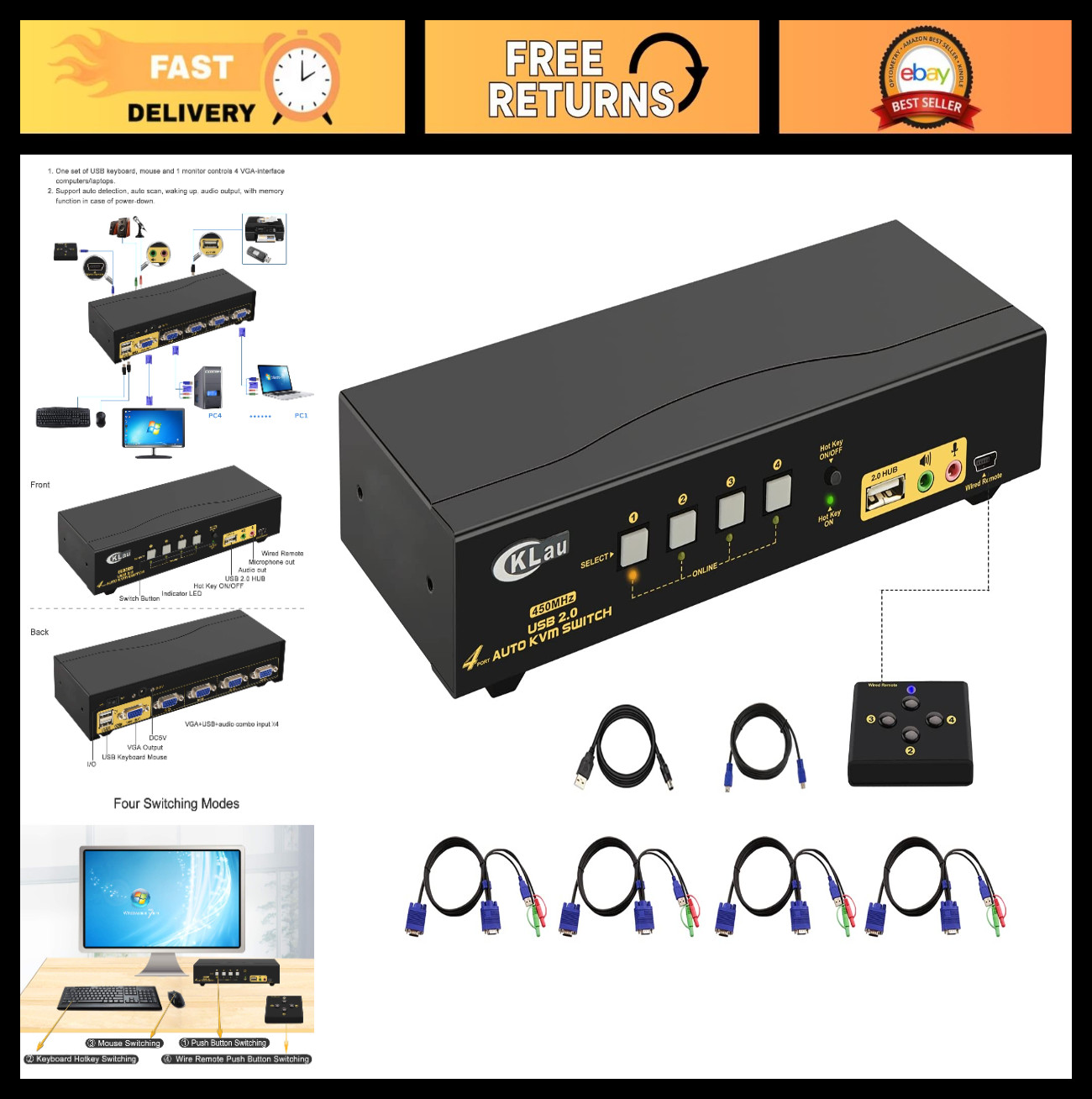 4-Port USB VGA KVM Switch with Audio & Cables - Multi-Computer Monitor Selector