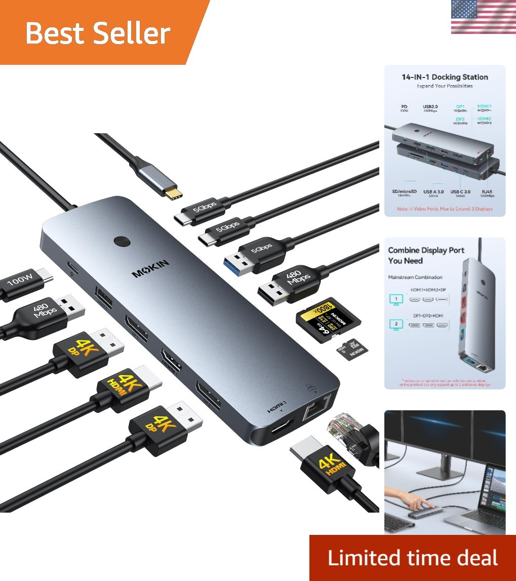 Versatile 14-in-1 USB C Hub: Dual Monitor Support & Fast Charging for Laptops
