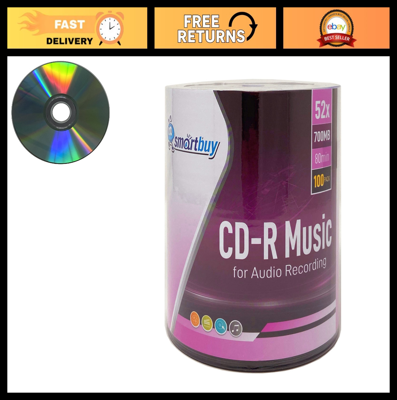 100 Pack Blank CD-R Discs 700MB 80Min 52X Speed for Music & Data Storage