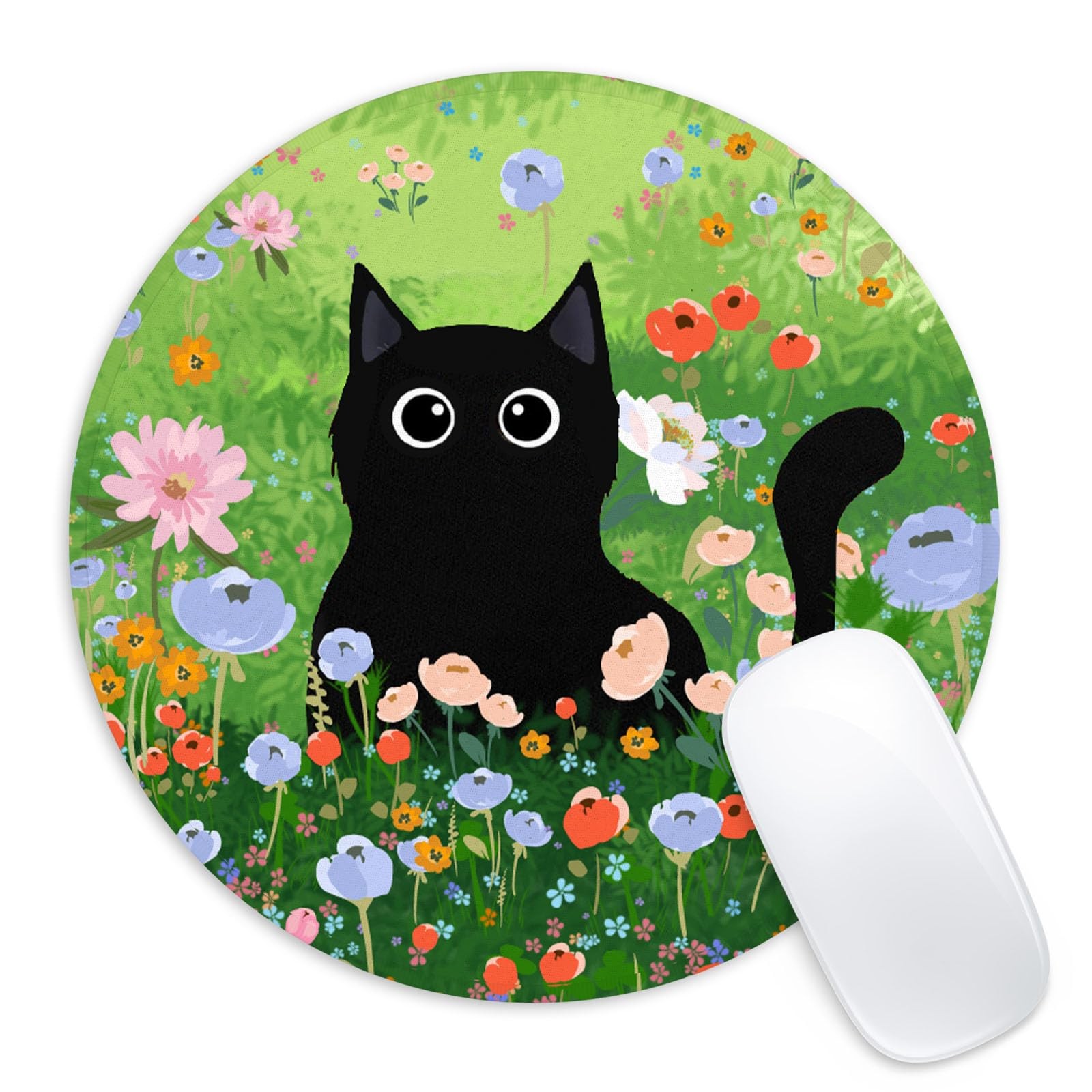 Black cat Round Mouse Pad,Funny Small Mouse Pad with Non-Slip Rubber Base,Mou...
