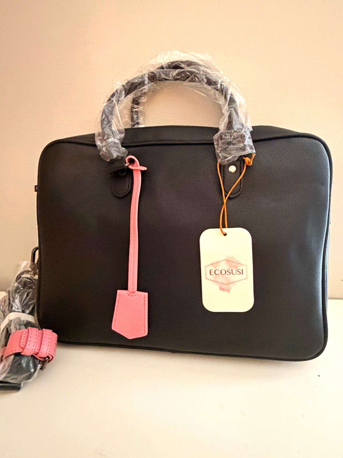 ECOSUSI Faux Leather 15in Laptop Briefcase, Padded Zipper, Black/Pink