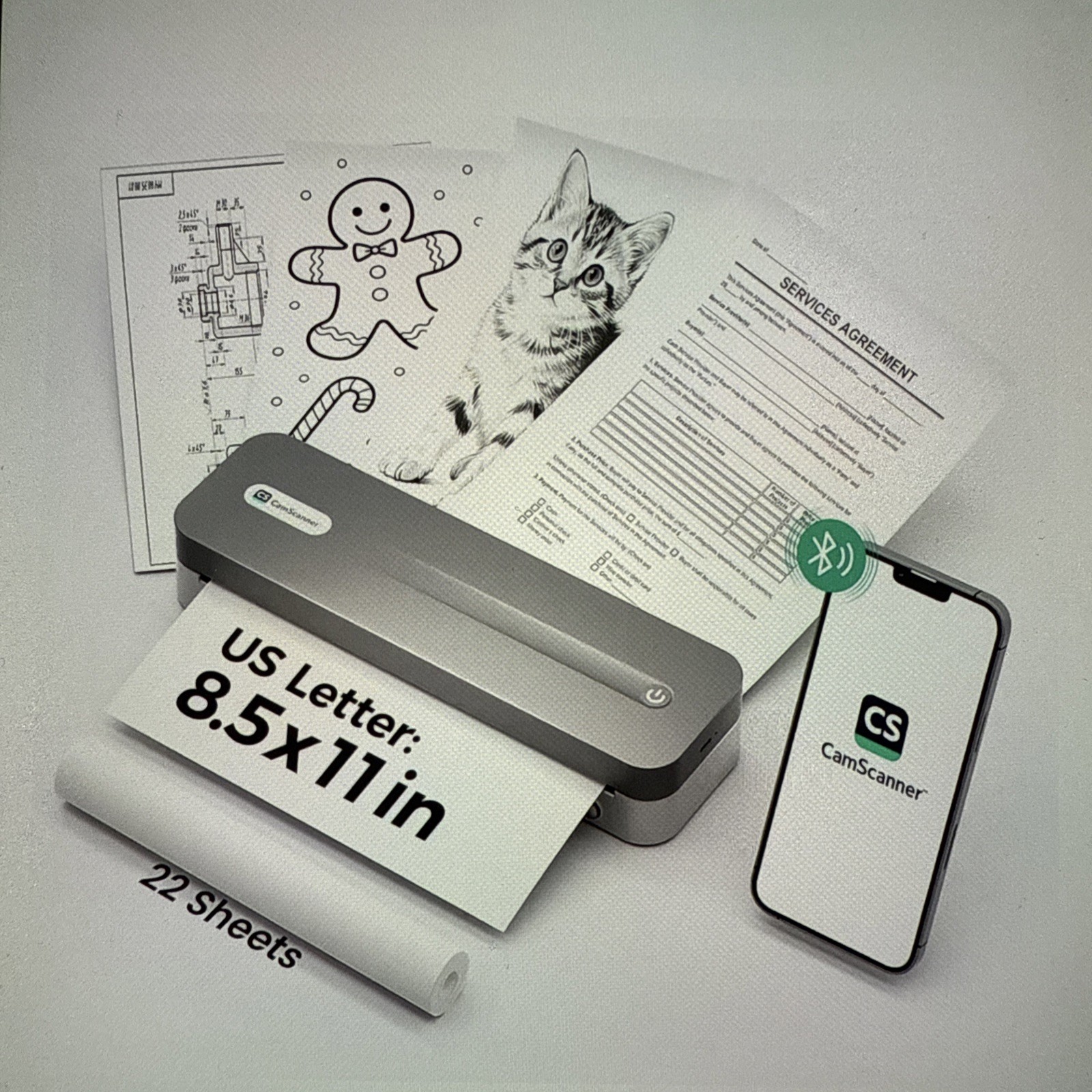 CamScanner P1 Pro Thermal Printer (Ink-Free) Portable, Bluetooth, 300DPI, 1 Roll