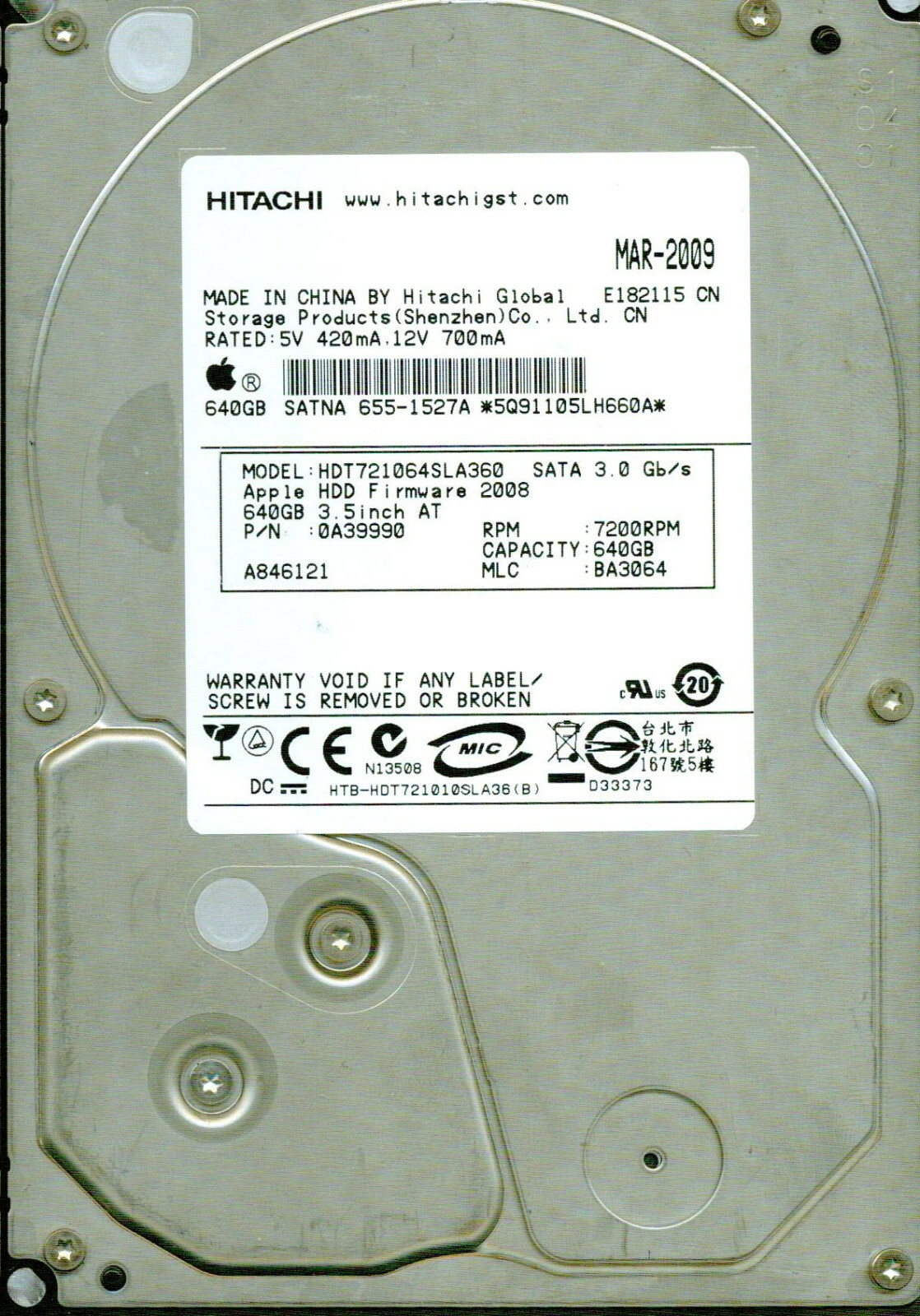 HDT721064SLA360,  P/N: A039990, MLC: BA3064  HITACHI SATA 640GB