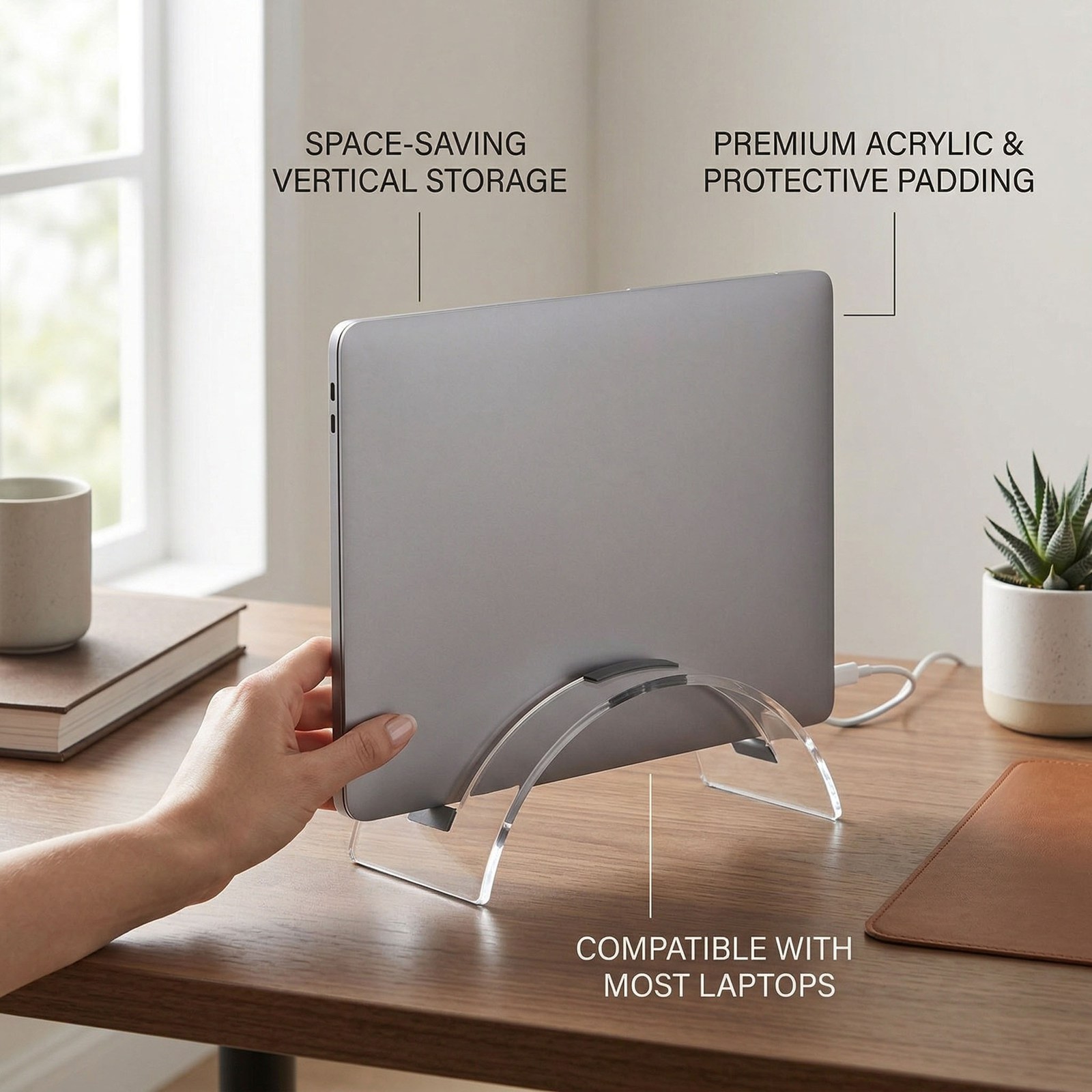 Clear Acrylic Vertical Laptop Stand Space Saving For Tabletop