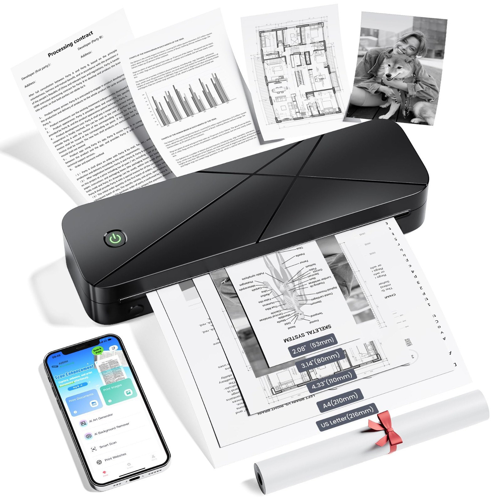 Portable Inkless Thermal Printer for Travel - Compact 8.5 x 11, Wireless Printin