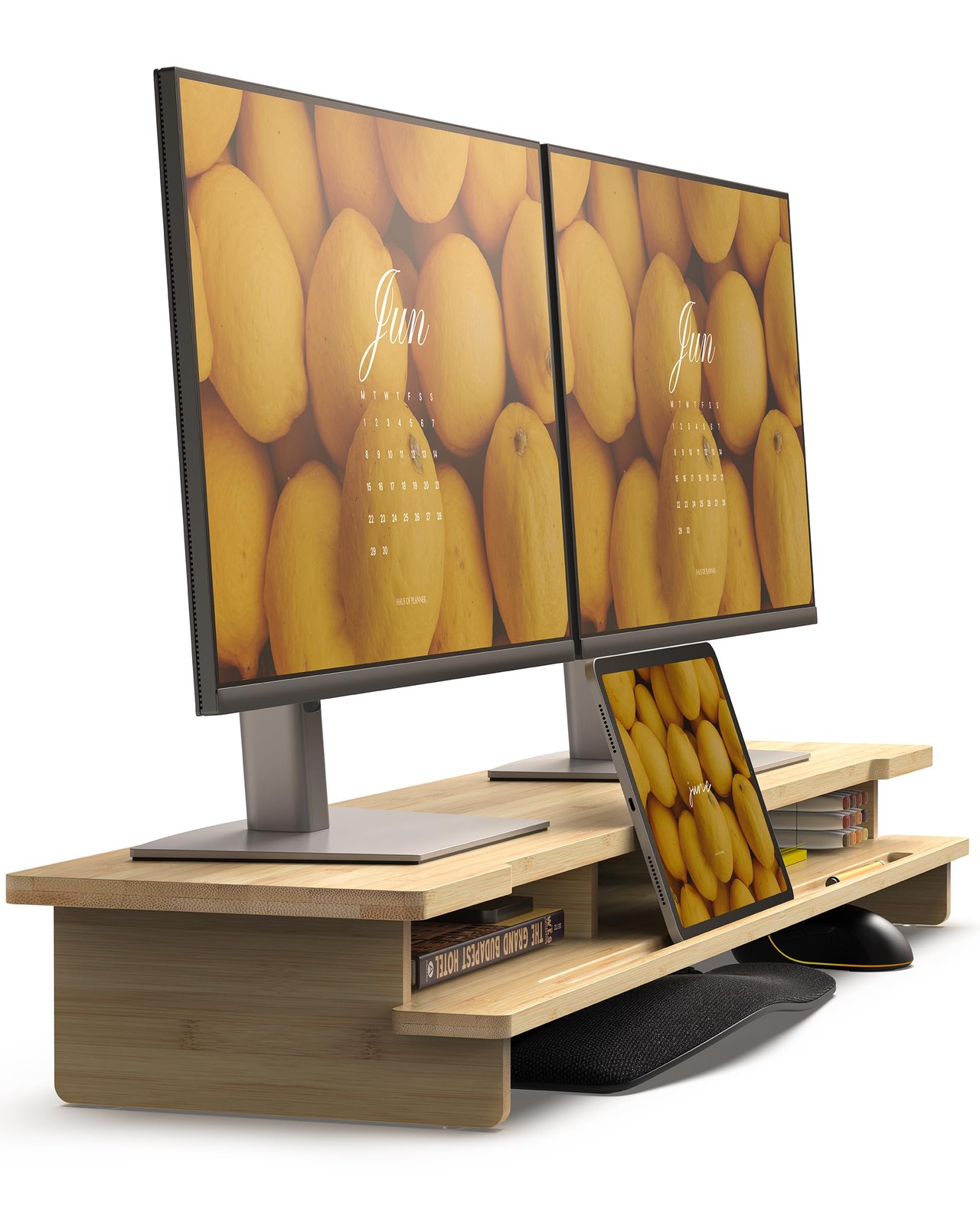 WELL WENG 42.5” Dual Monitor Stand with Phone & Tablet Holder Desk Shelf