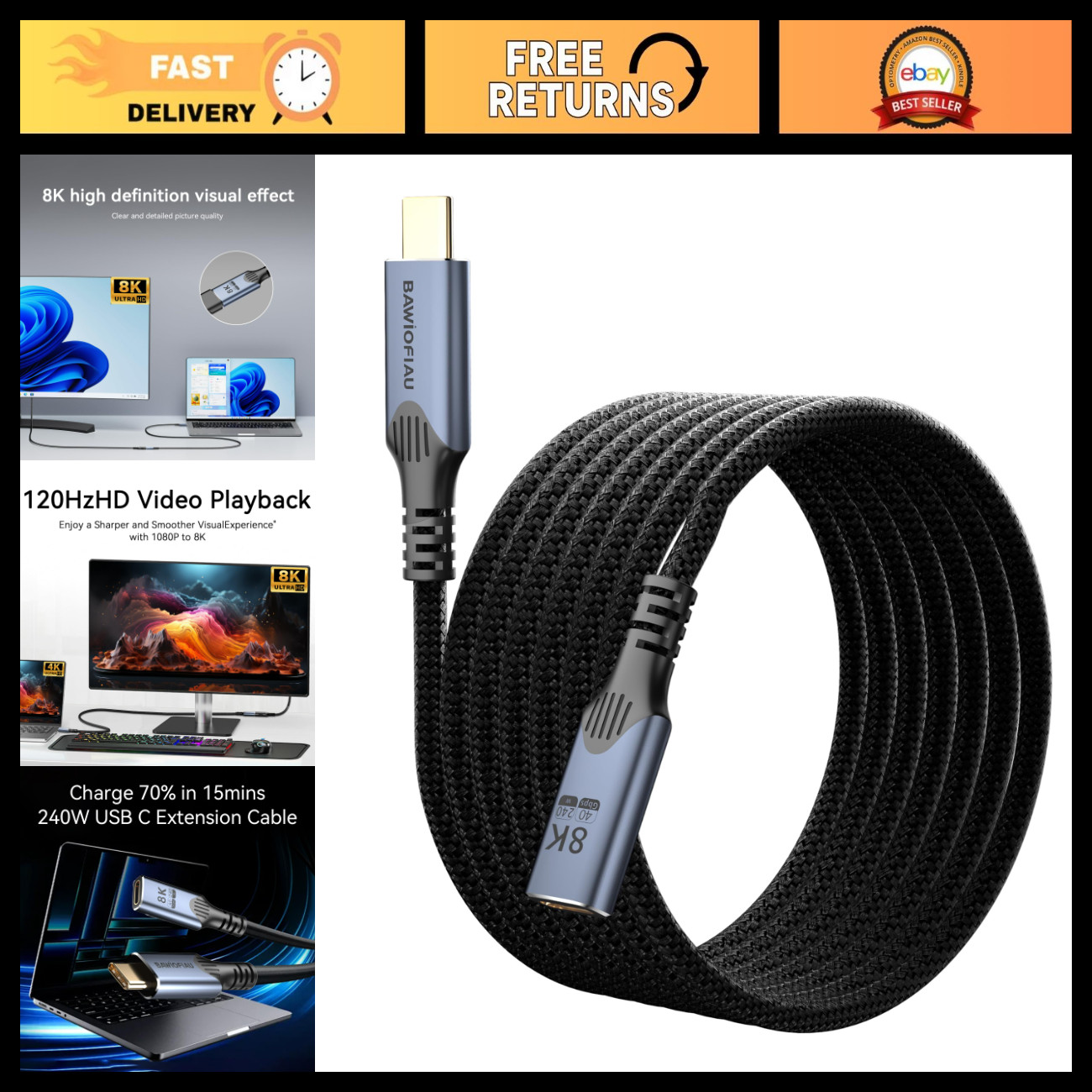 10FT USB-C Extension Cable, 40Gbps Data Transfer, 240W Fast Charging, 8K Video