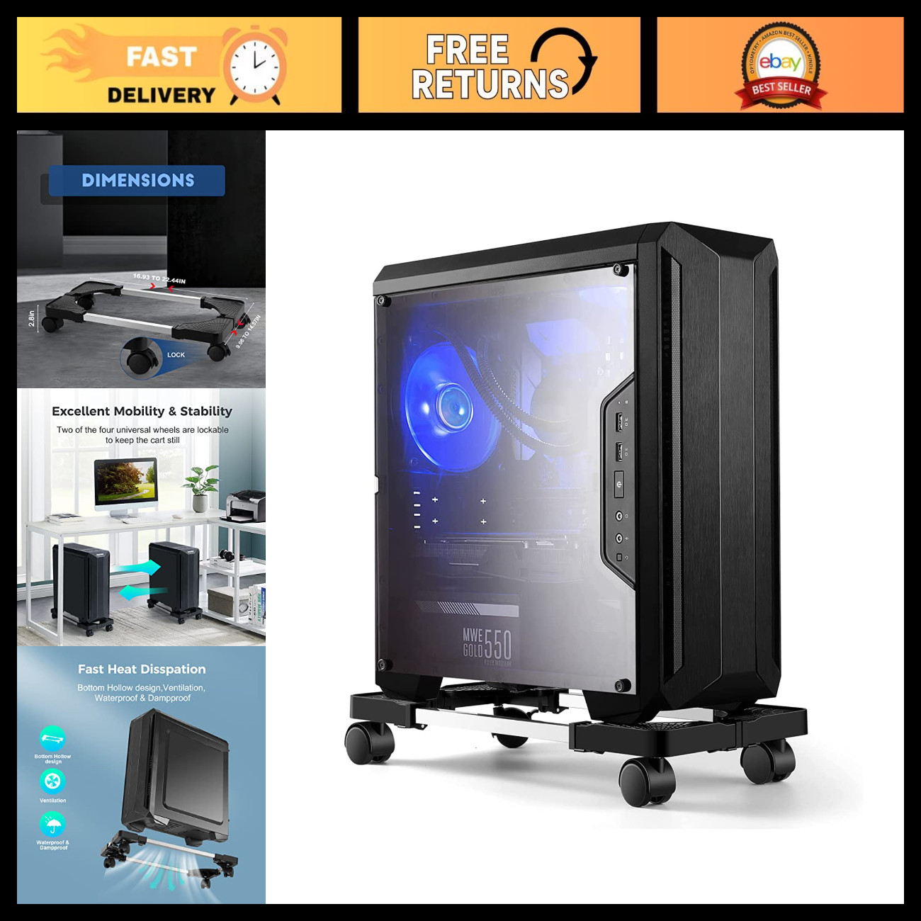 Adjustable Mobile CPU Tower Stand with 4 Rolling Caster Wheels - Fits Most PCs