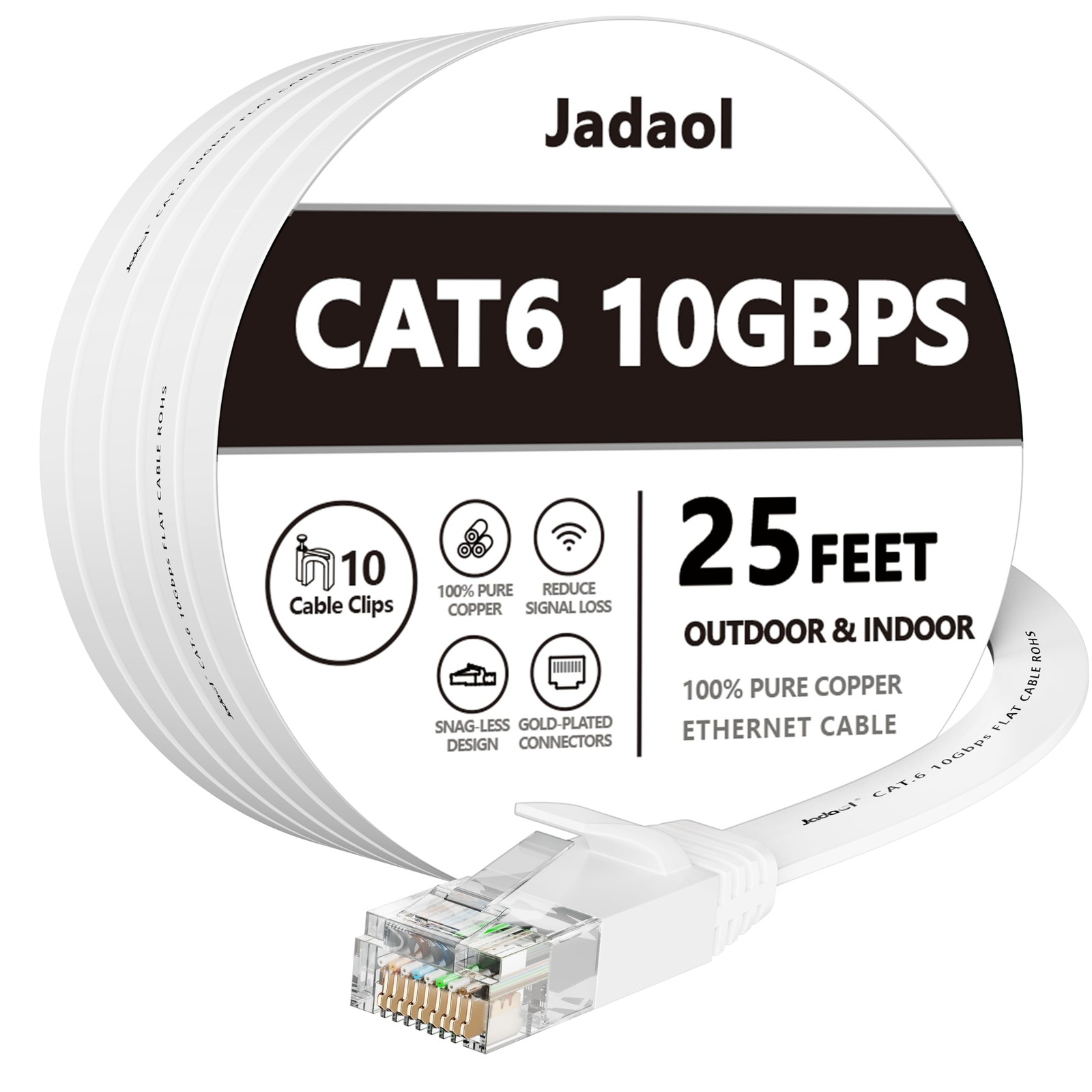 Jadaol Cat6 Ethernet Cable 25FT with Clips 10Gbps Flat Network Cable, White