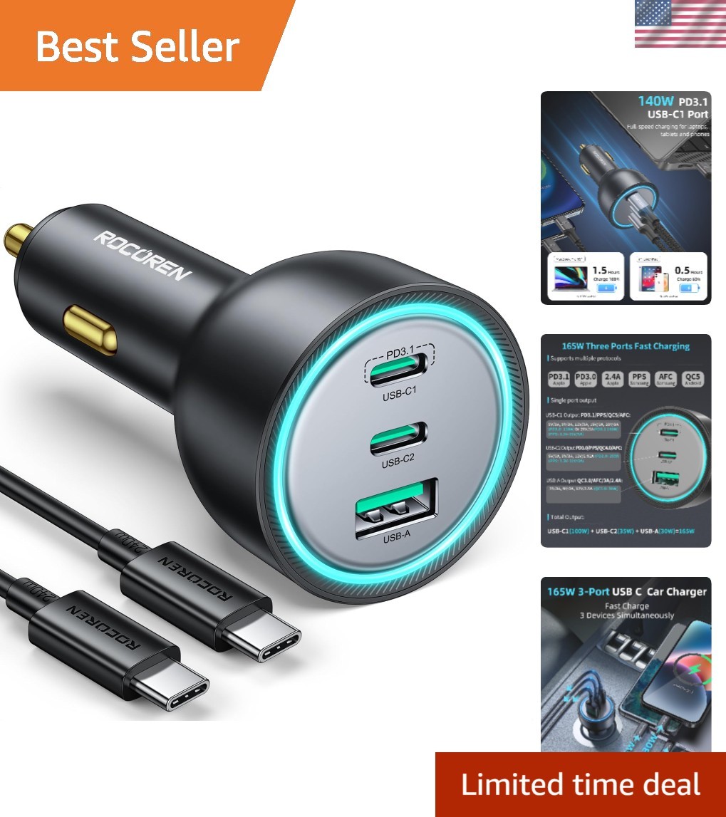 PD3.1 Super Fast Charging 165W Car Charger for Multiple Devices & Laptops