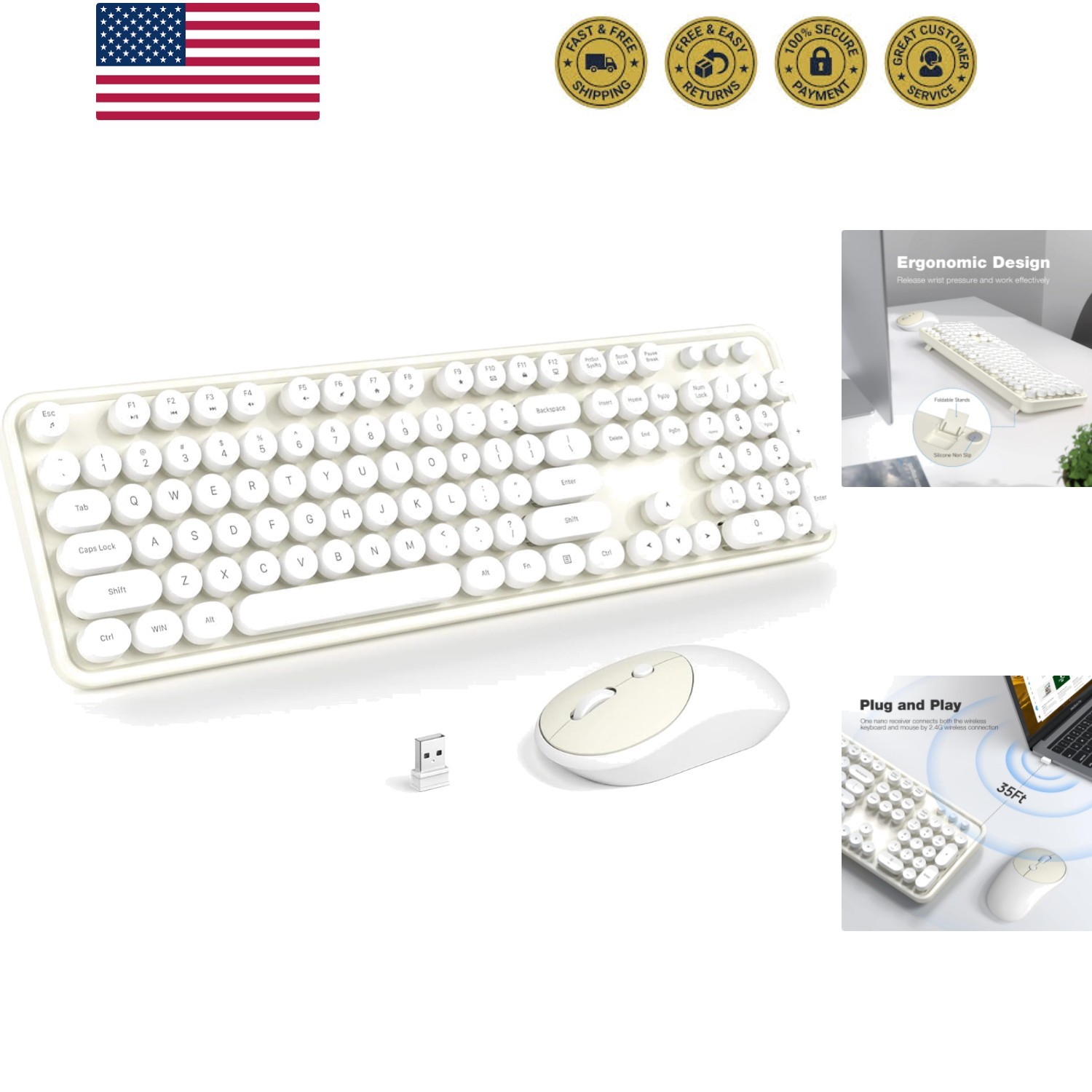 Wireless Keyboard and Mouse Combo - White-Milky Full-Sized 2.4 GHz 104 Keys T...