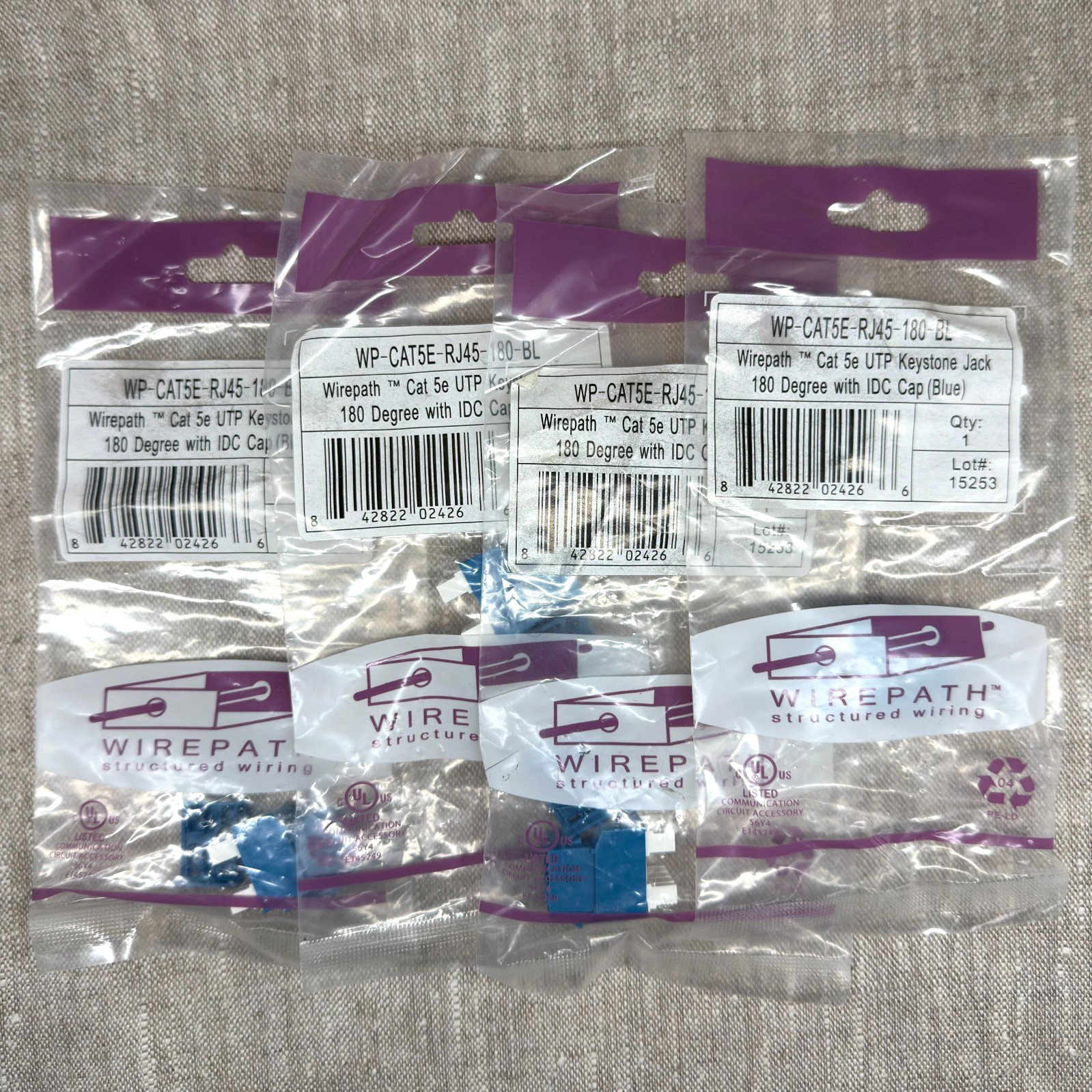 4 Wirepath Keystone Network Jack LOT Blue 180 Degree CAT5E RJ45 IDC Cap New