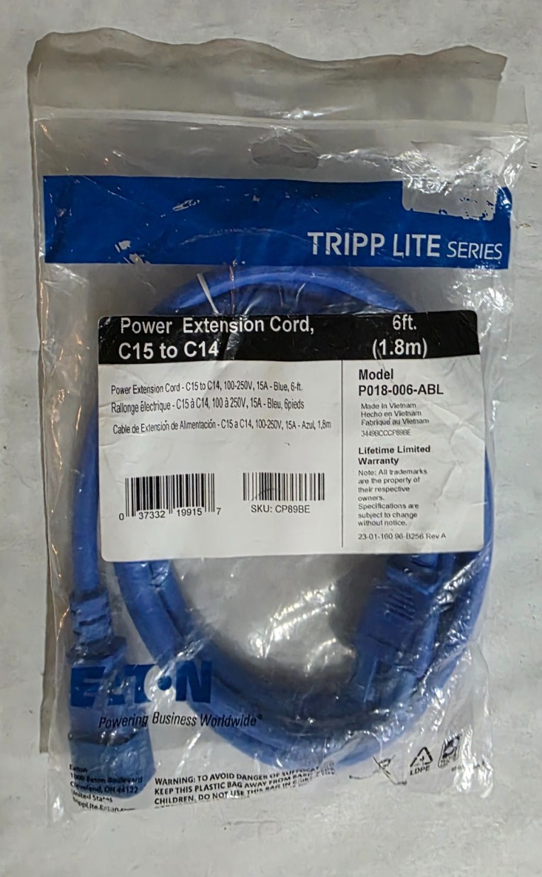Eaton Tripp Lite Extension Power Cord C14 to C15 Heavy-Duty 15a 250v 14 Awg 6ft