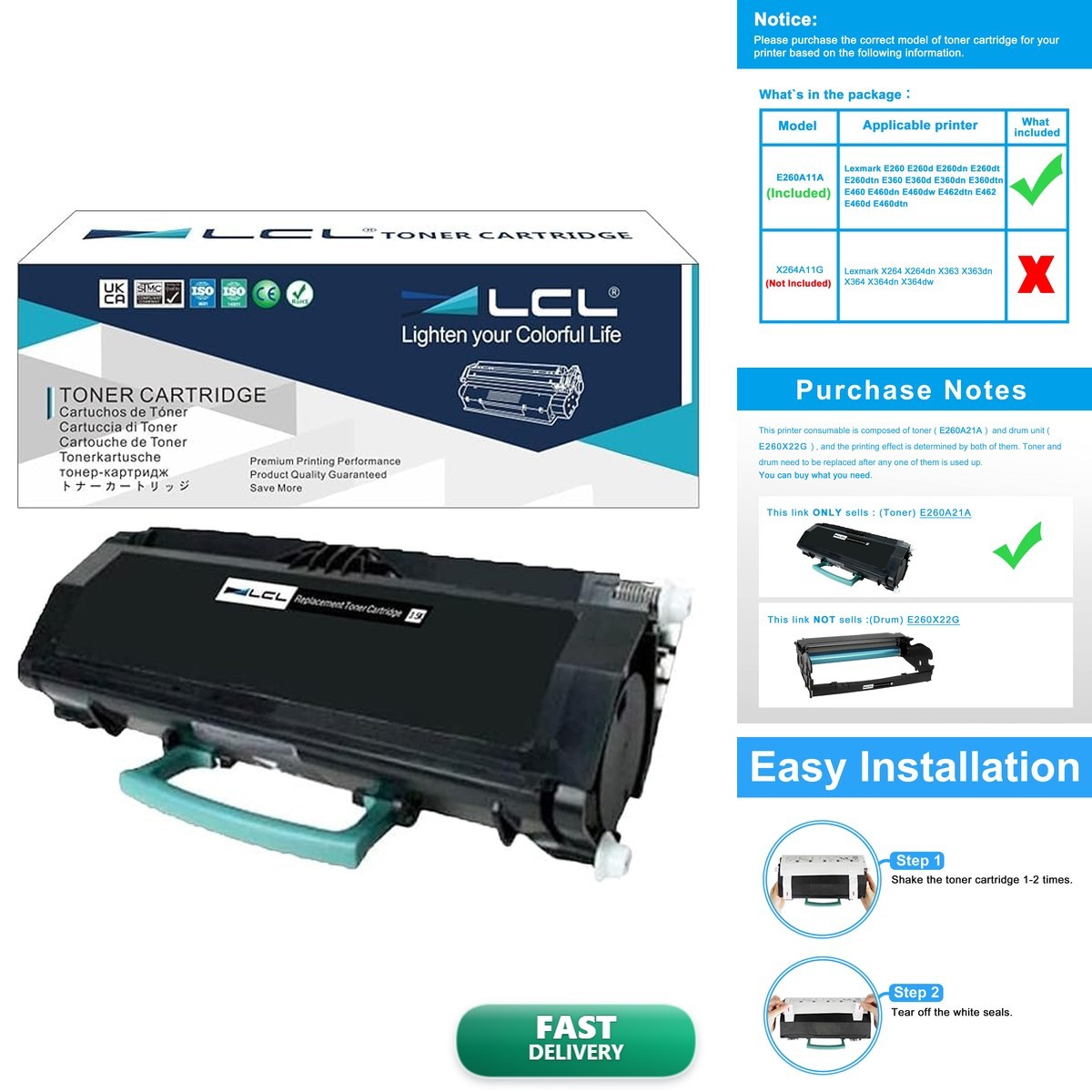 LCL Compatible Toner Cartridge for Lexmark E260A21A (1-Pack Black)