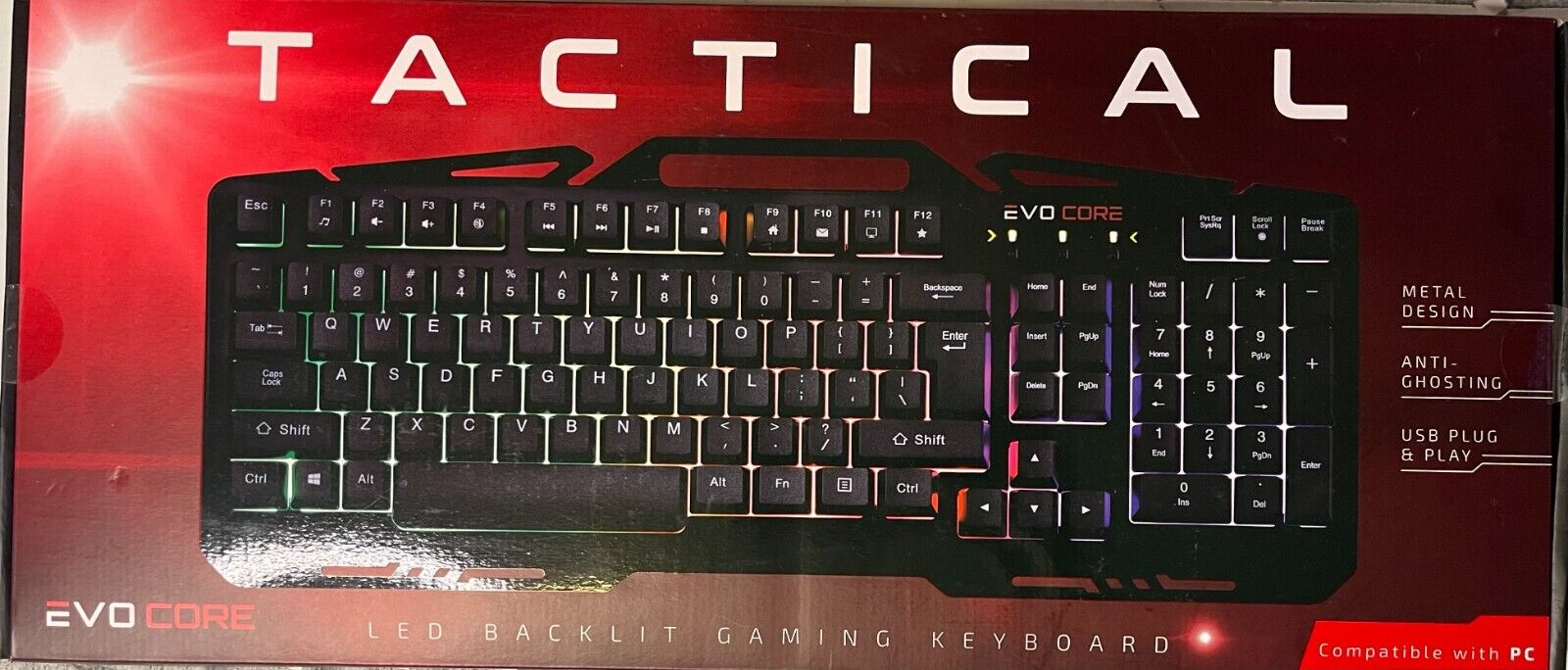 Tactical LED Backlit Gaming Keyboard by Evo Core Preowned In Box For PC
