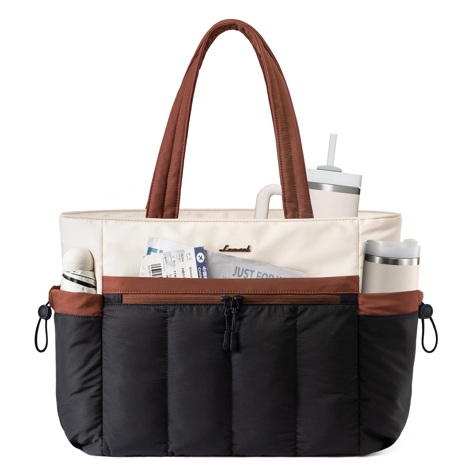 LOVEVOOK Puffer Laptop Bag for Women, 15.6 Inch, Cream & Caramel Brown