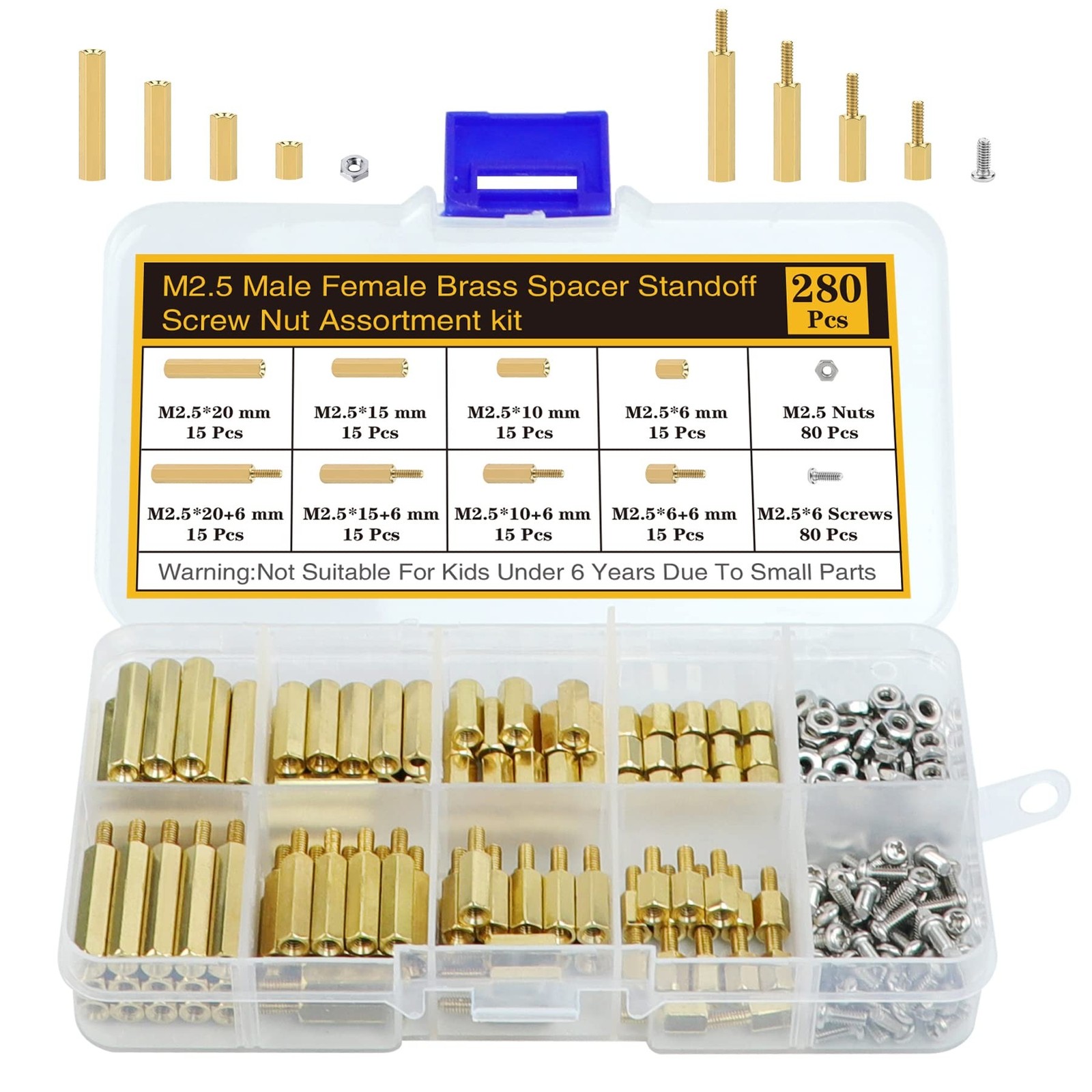 280Pcs M2.5 Motherboard Standoffs&Screws&Nuts Kit, Hex Male-Female Brass Spac...