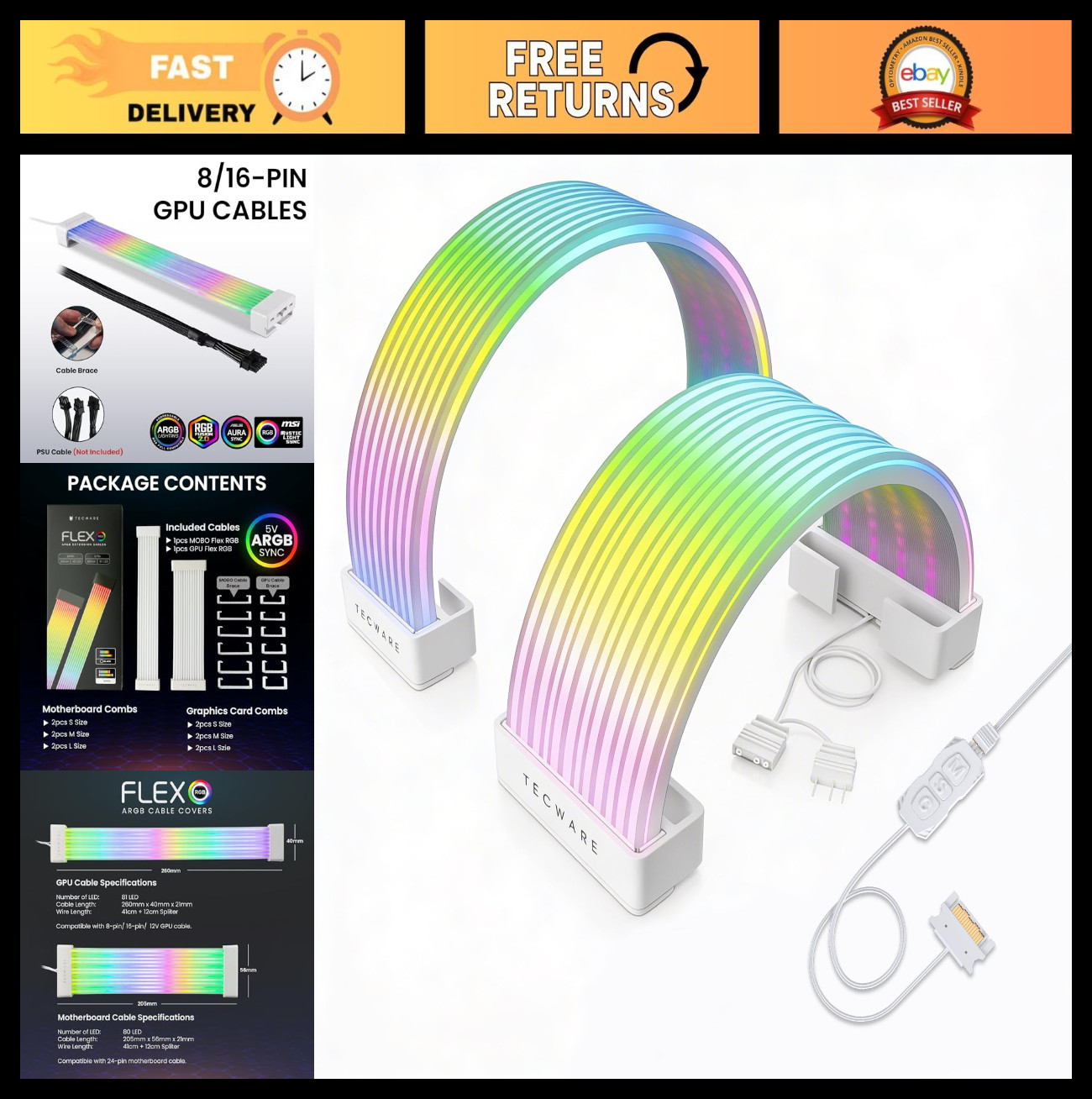 RGB Cable Cover Kit for 24-Pin Motherboard & 8/16-Pin GPU | ARGB PSU Extension |