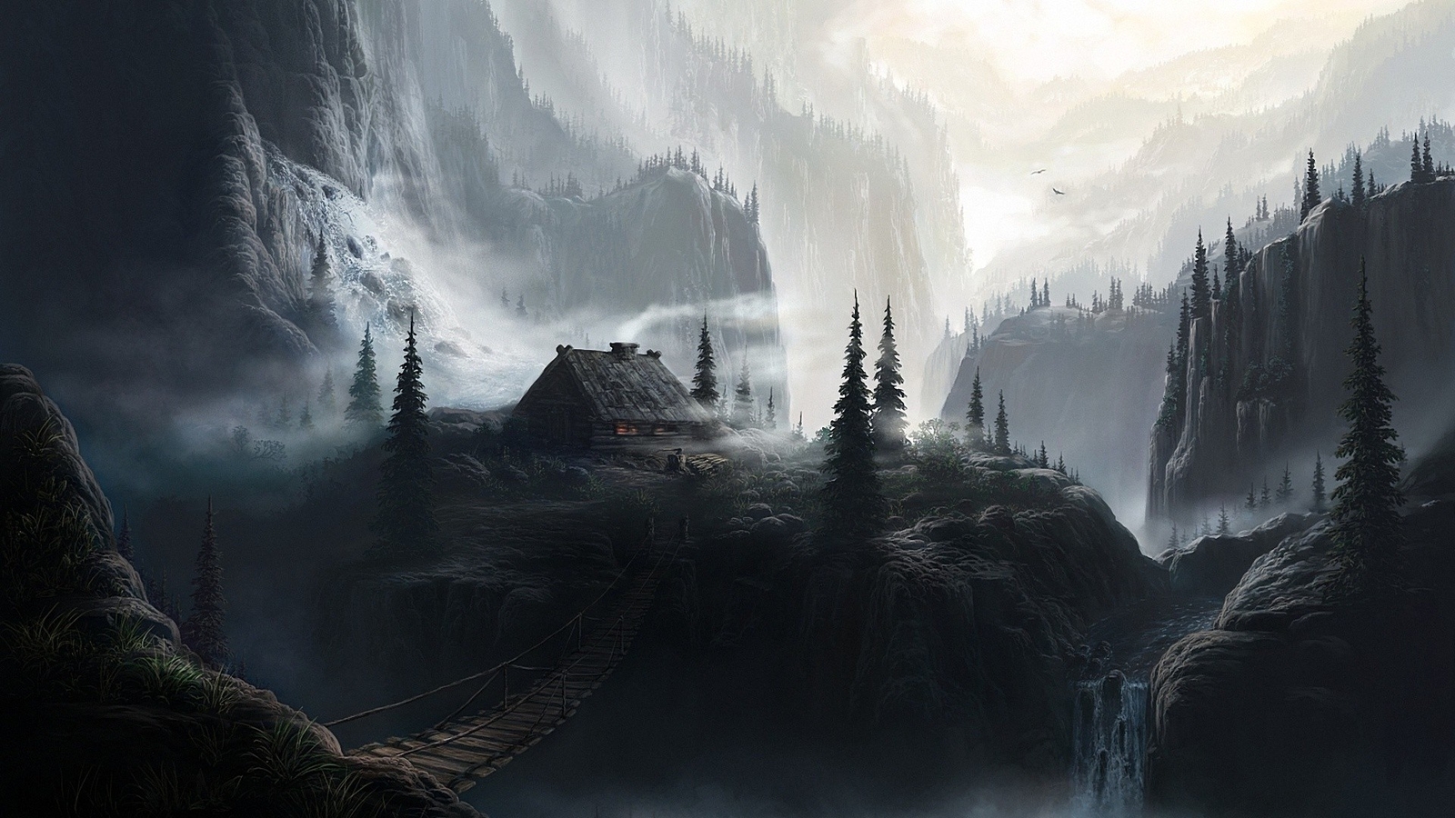 Landscape nature trees art fantasy mountains bridge Custom Gaming Mat Desk