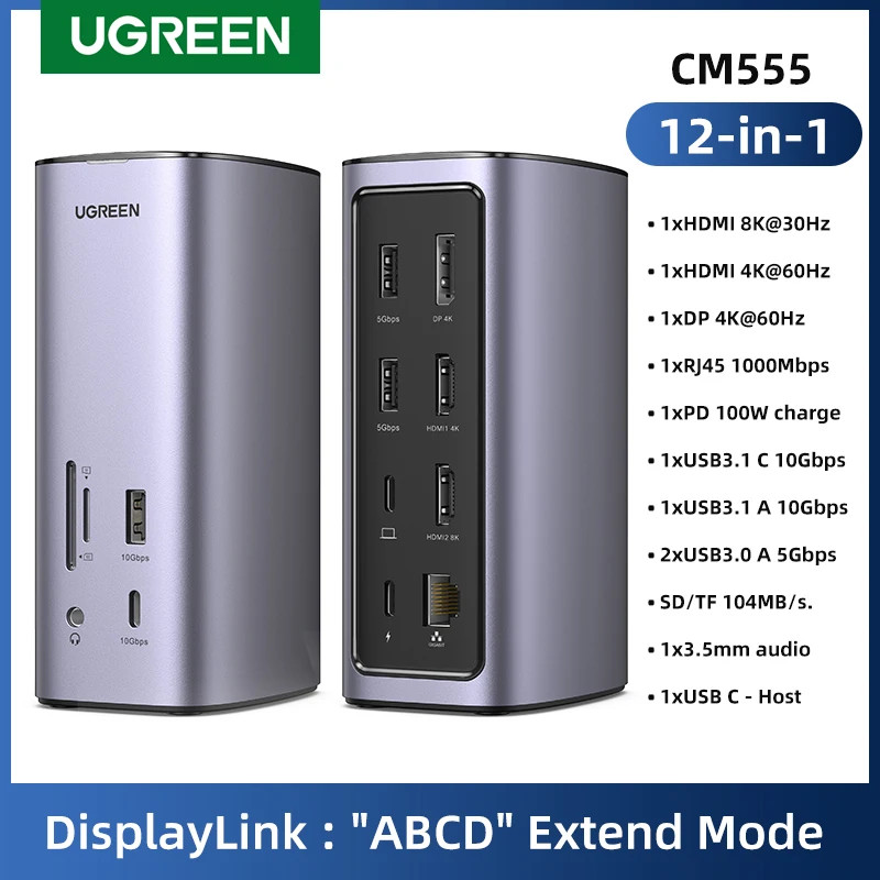 UGREEN USB C Expansion Base 12in1 Display Link 8K/4K 2HDMI DP Triple Display Hub