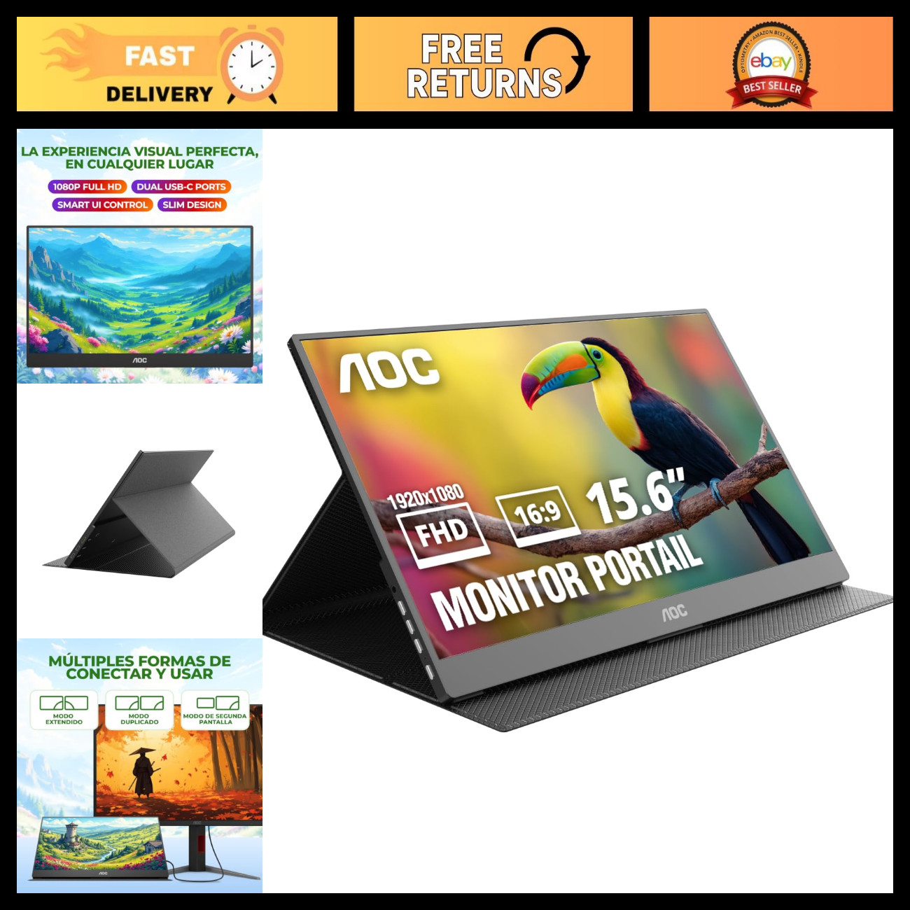 16" Portable FHD Monitor, USB-C, 60Hz, IPS, Ultra Slim, Smart Cover - Travel Rea