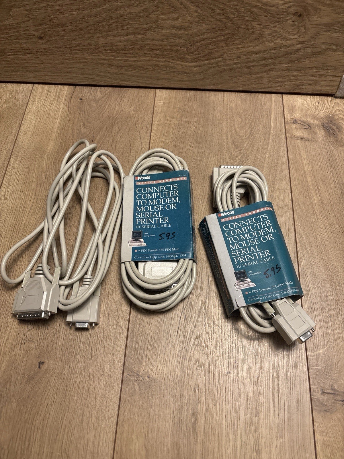 Woods 10ft Serial Cable 9-Pin Female to 25-Pin Male Lot of 3 IBM RS-232 Tested