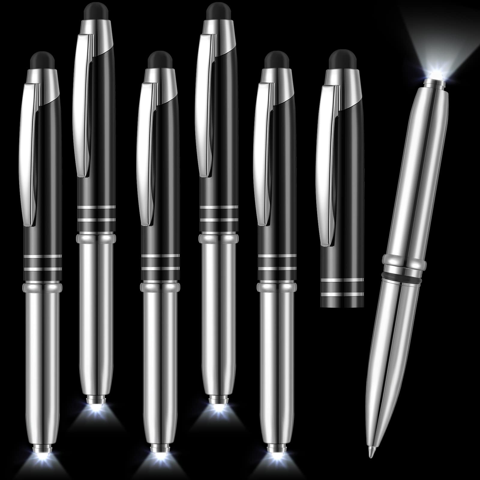 5pk Metal 3-in-1 Stylus Pen LED Light Ballpoint for Touchscreens Black