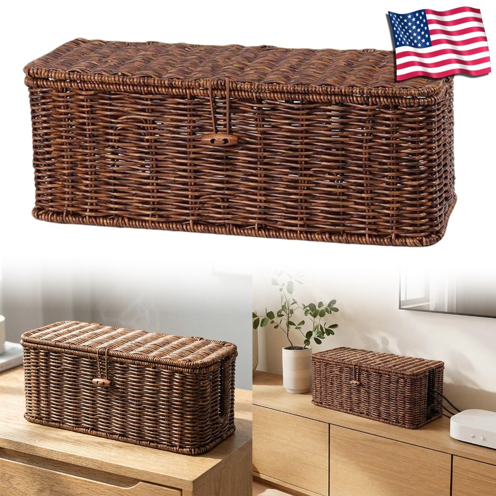 Cable Management Box, Desk Handwoven Rattan Cord Hider Cable Organizer Box