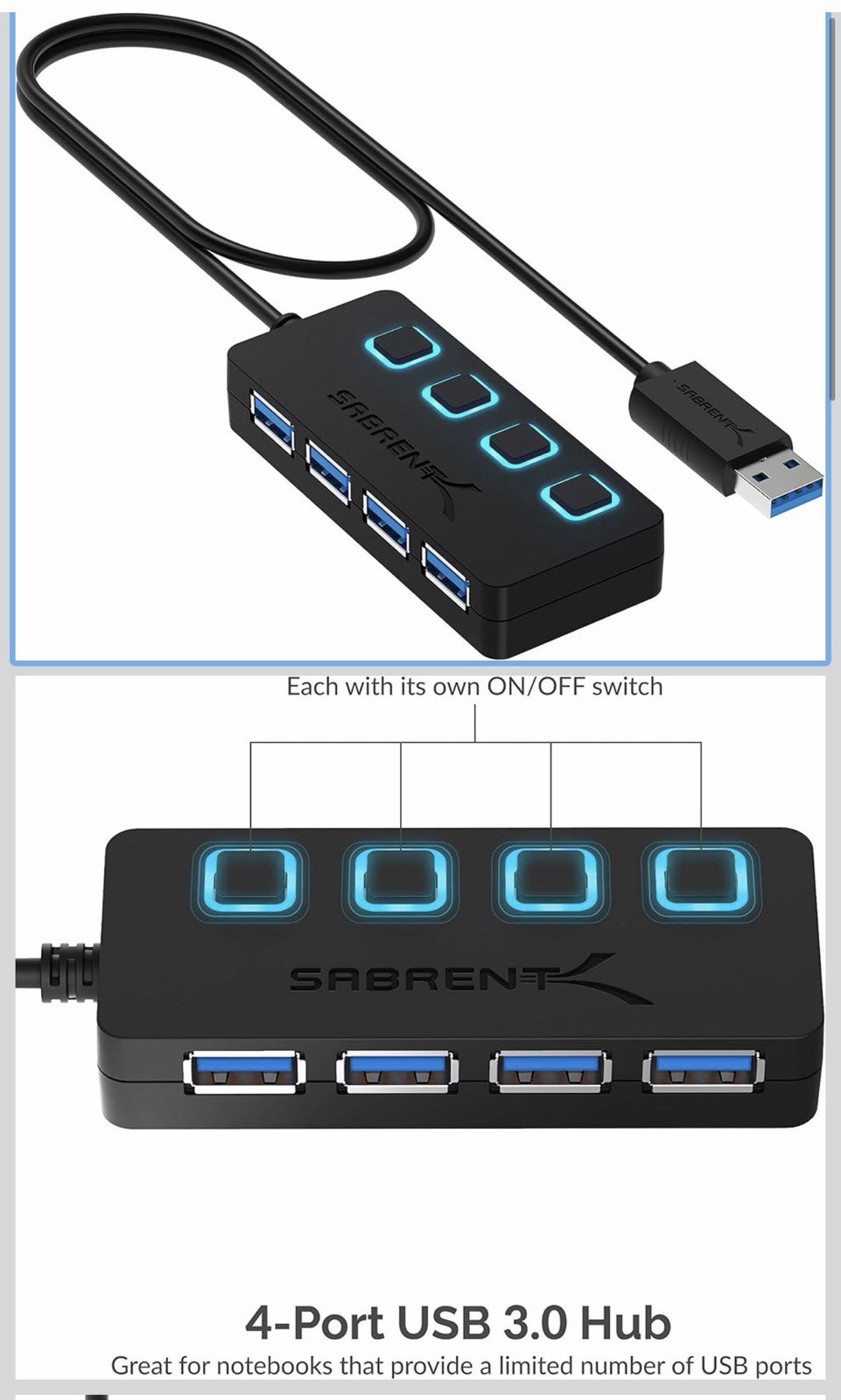 Sabrent HB-UM43 4 Port USB 3.0 Hub with Power Switches - Black