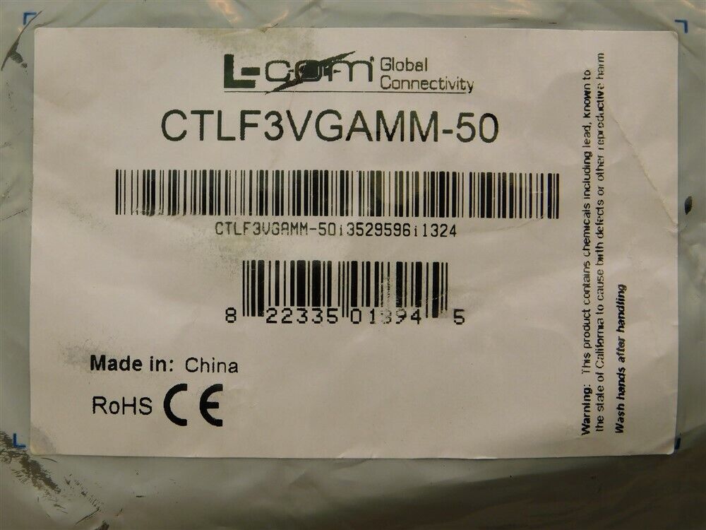 L-Com CTLF3VGAMM-50 Premium VGA Cable HD15 Male/Male 50ft Black