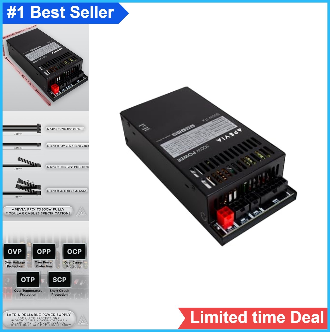 Mini ITX Flex ATX Power Supply 500W Fully Modular Active PFC SATA PCIe 40mm Fan