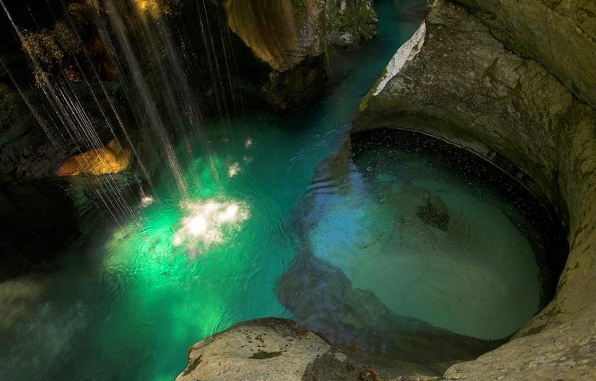 Landscape waterfall river canyon slovenia green water Custom Gaming Mat Desk