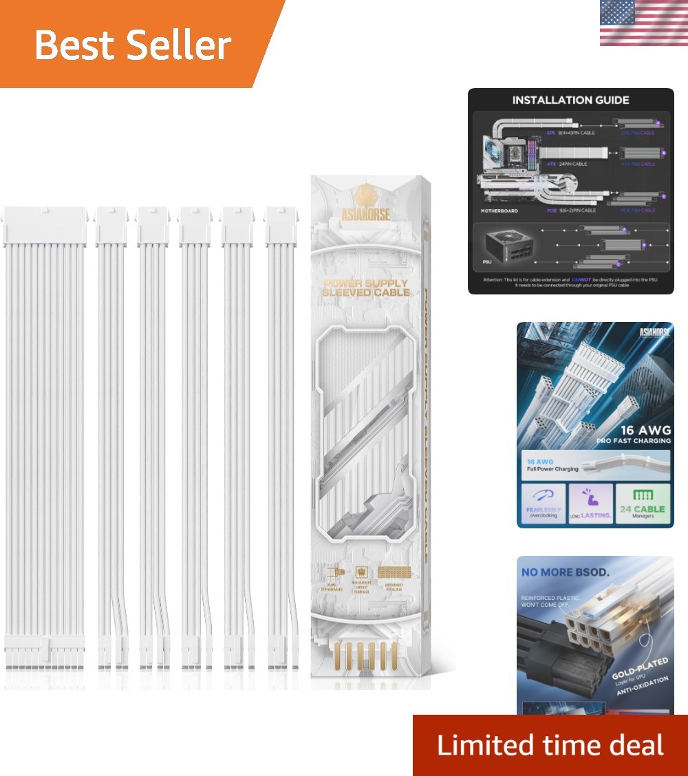 Durable 30cm Power Supply Sleeved Cable - Gold-Plated Connectors, Snow-White