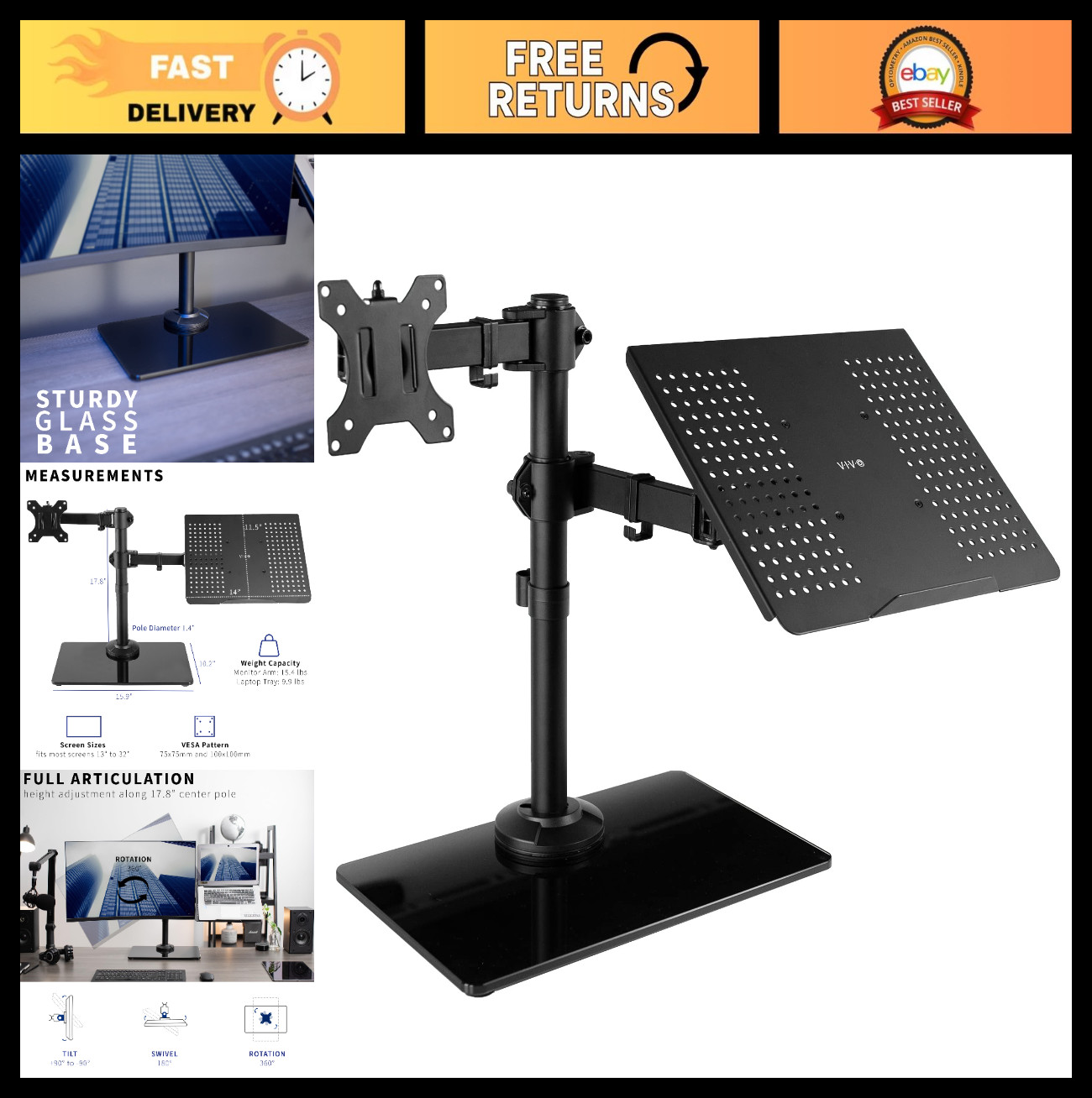 Free Standing Dual Monitor & Laptop Desk Stand, Fits 32" Monitors & 17" Laptops