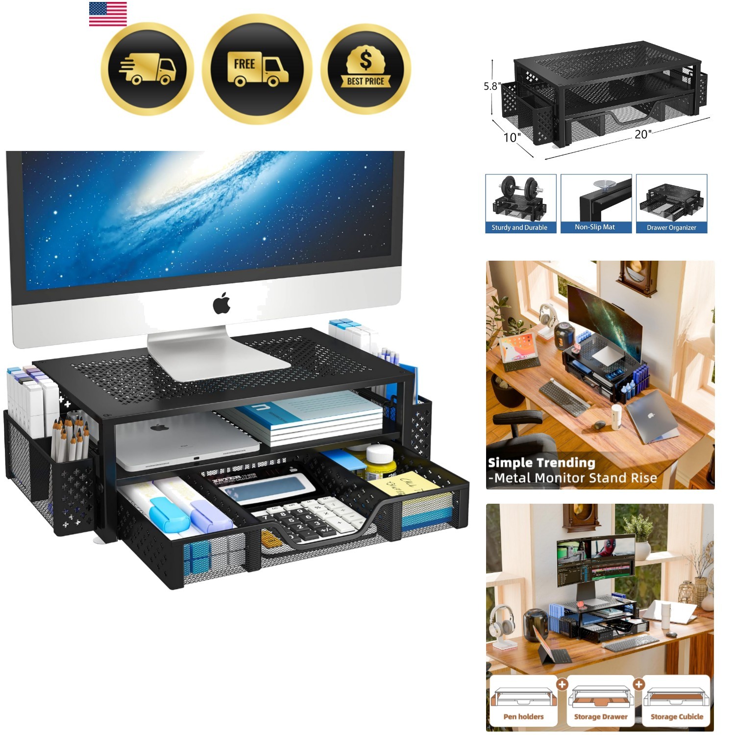 Desk Organizer and Accessories, 2 Tier Computer Metal Monitor Stand Riser wit...