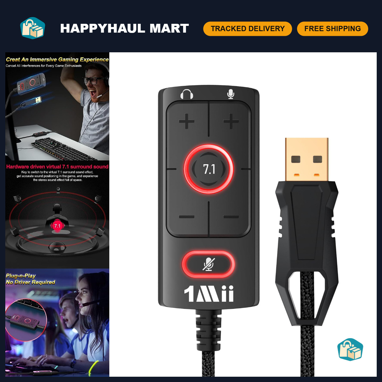 USB Sound Card 3.5mm Audio Adapter with Virtual 7.1 Surround for PC/Laptop