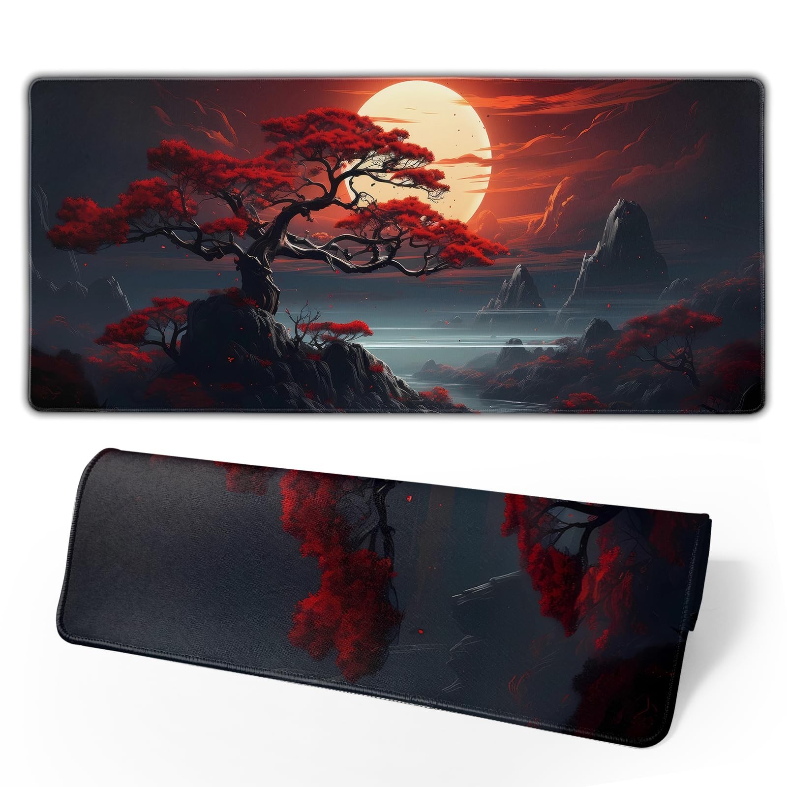Darkness Red Moon Desk Mat Japanese Mouse Pad, Large Japanese Desk Mat, XL An...