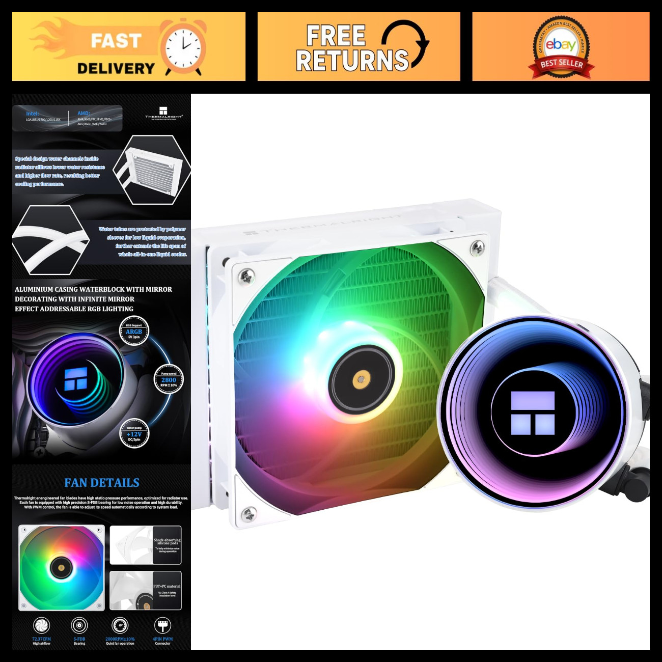 High-Performance 360mm AIO CPU Liquid Cooler, ARGB White, Thermal Design, Quiet