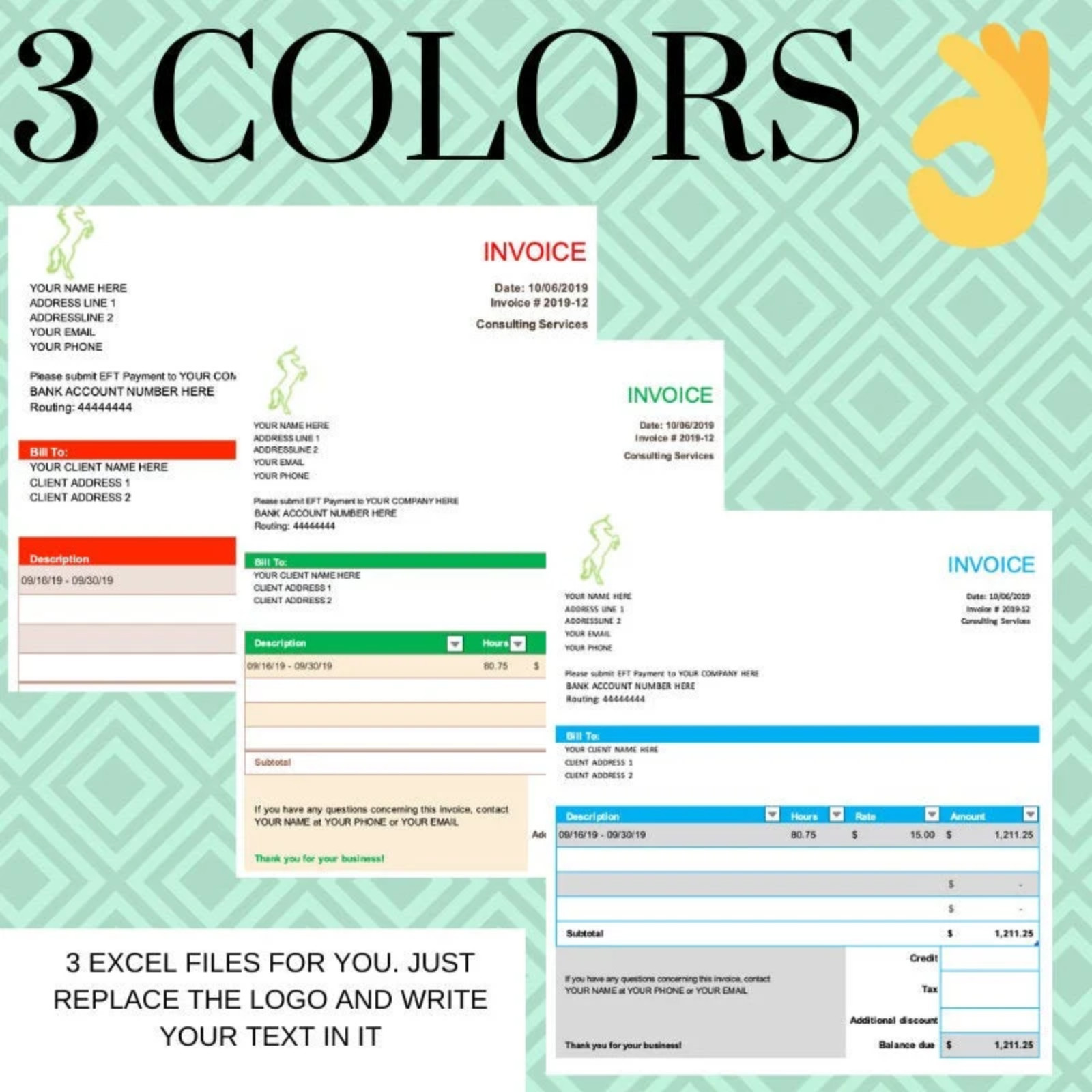 3 Excel Invoices Template Great for Consulting and Hourly work - Digital