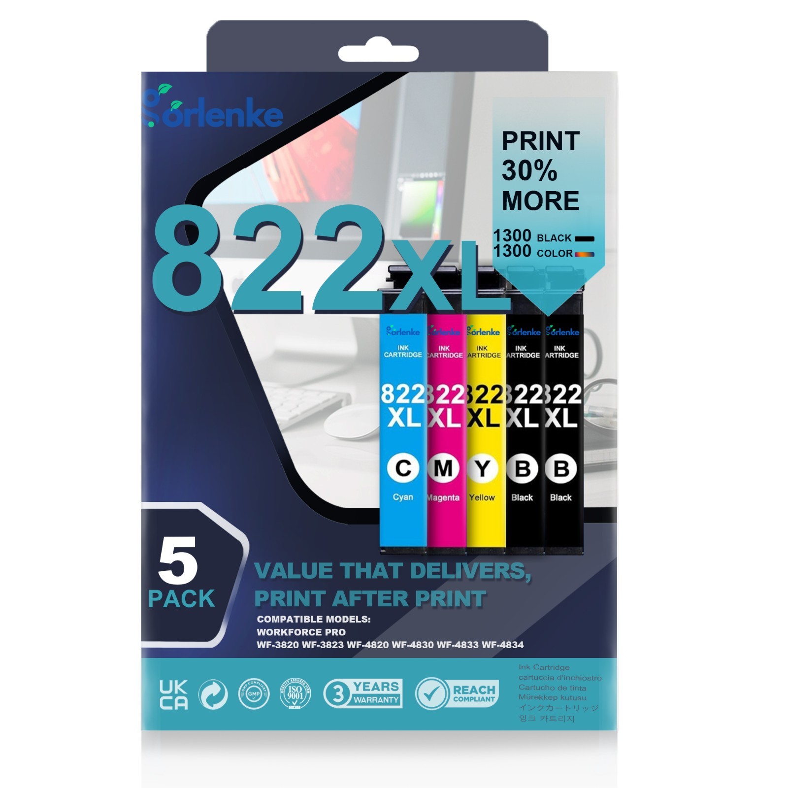5PK 822XL Ink Cartridges For Epson W WF-4833 WF-3823 WF-4830
