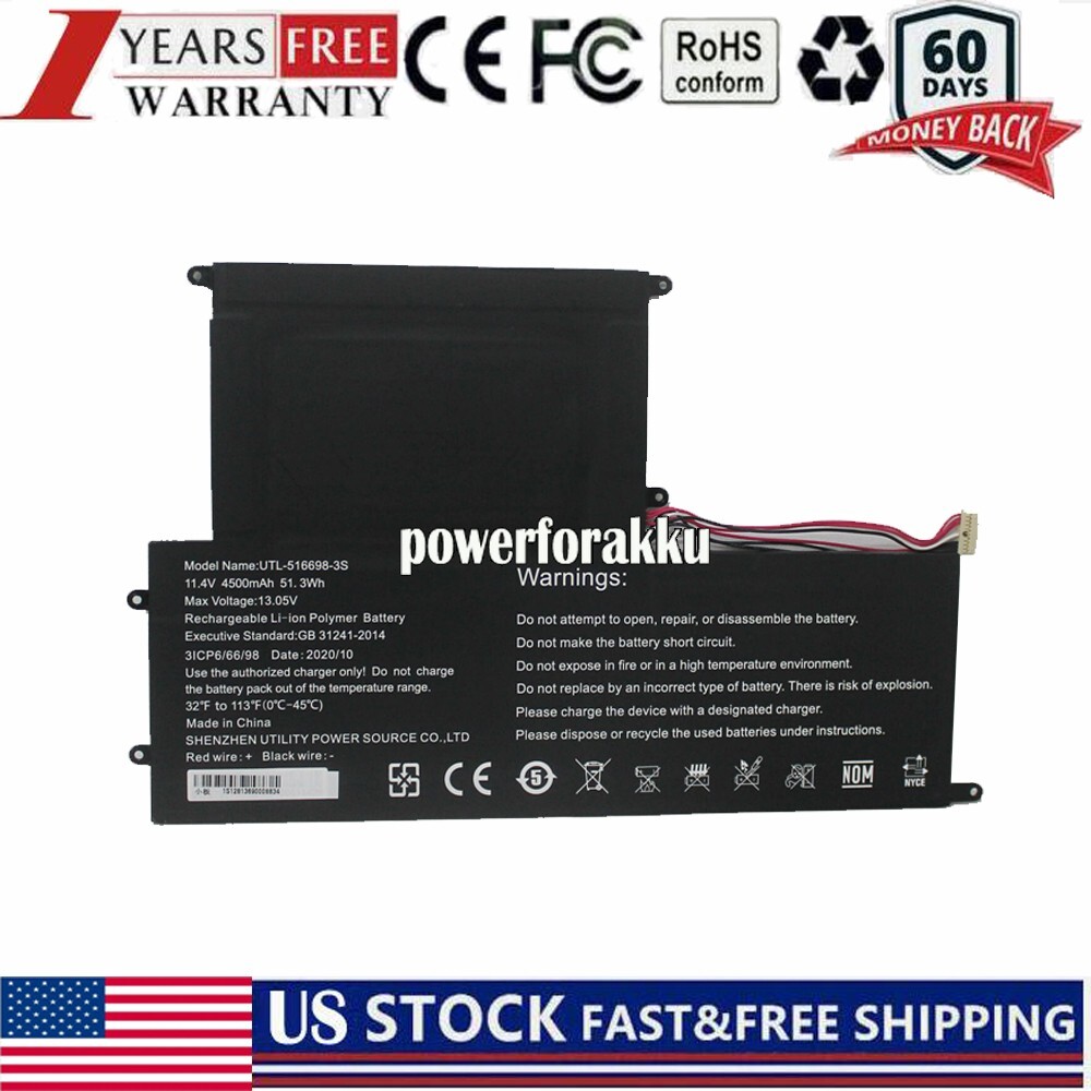 Battery for EVOO ECV156-1 EVC156-1BK 516698 516698-3S UTL-516698-3S 11.4V 51.3Wh